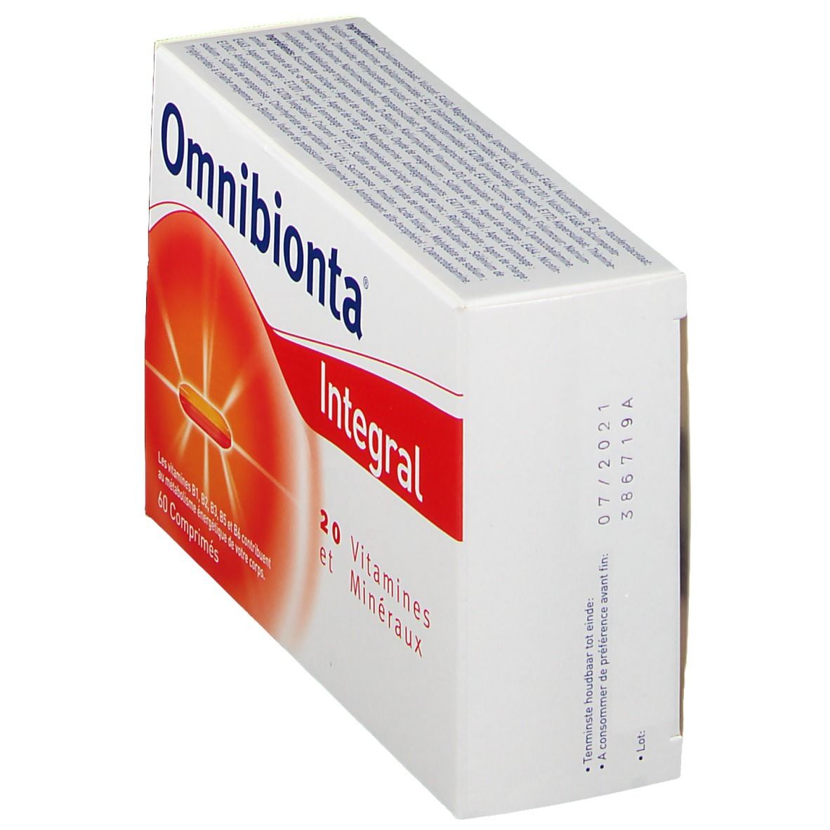 Boîte Omnibionta Integral. Carton blanc avec accent rouge. Contient 20 vitamines et minéraux. 60 comprimés. Date de péremption.