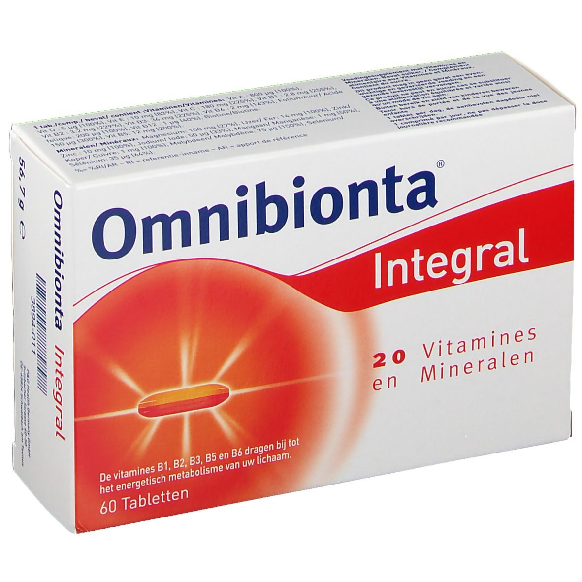 Boîte Omnibionta Integral. Carton blanc avec design rouge. Contient 20 vitamines et minéraux. 60 comprimés. Ingrédients.