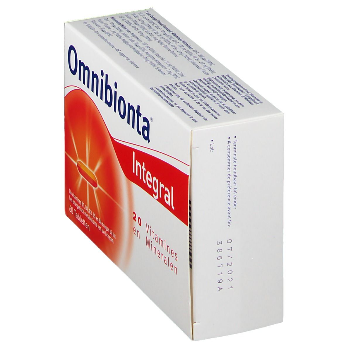 Boîte Omnibionta Integral. Carton blanc avec accent rouge. Contient 20 vitamines et minéraux. 60 comprimés. Date de péremption.
