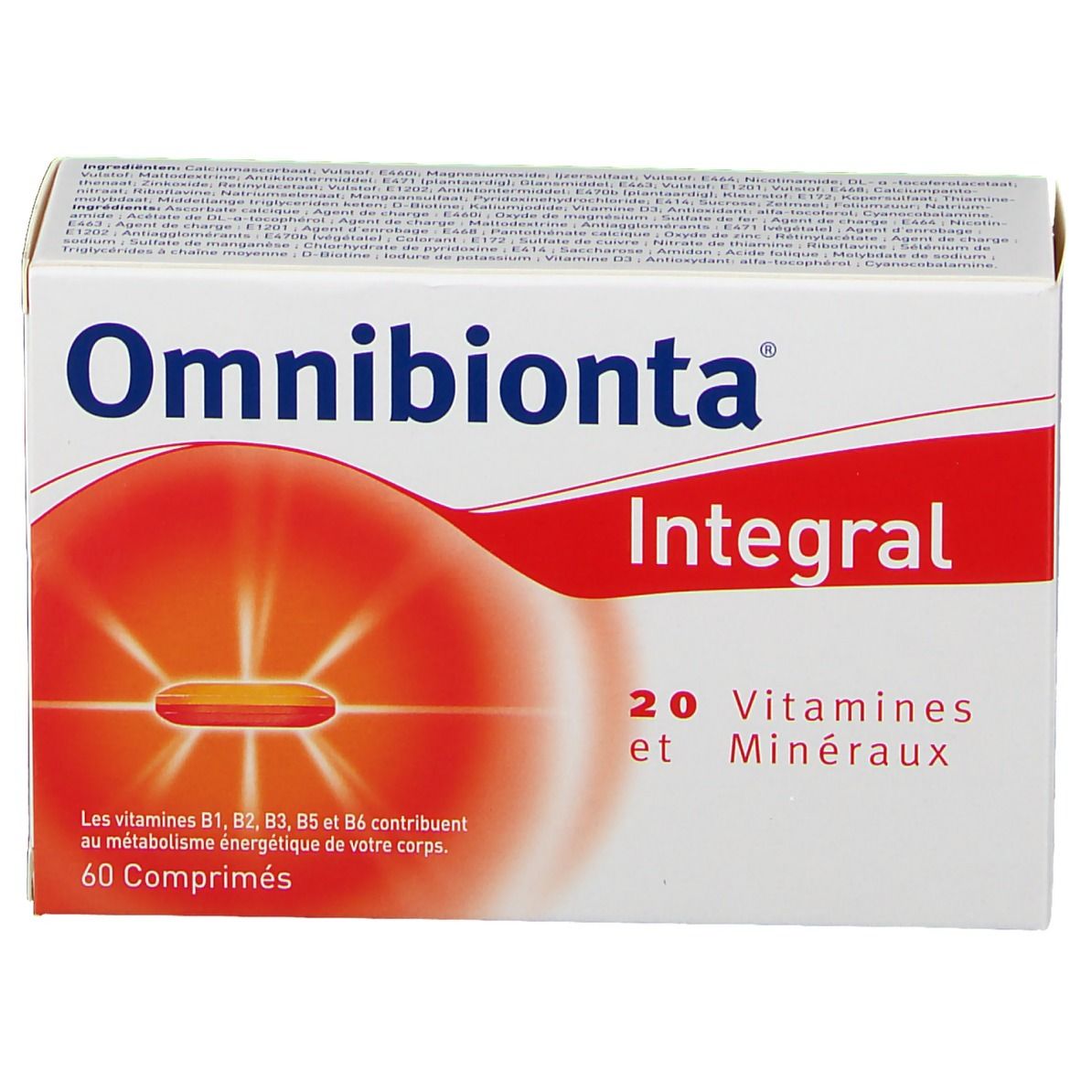 Boîte Omnibionta Integral. Carton blanc avec design rouge. Contient 20 vitamines et minéraux. 60 comprimés. Ingrédients.