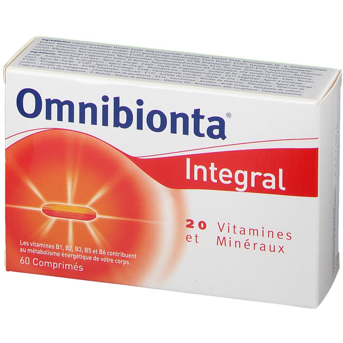 Boîte Omnibionta Integral. Carton blanc avec design rouge. Contient 20 vitamines et minéraux. 60 comprimés. Ingrédients.