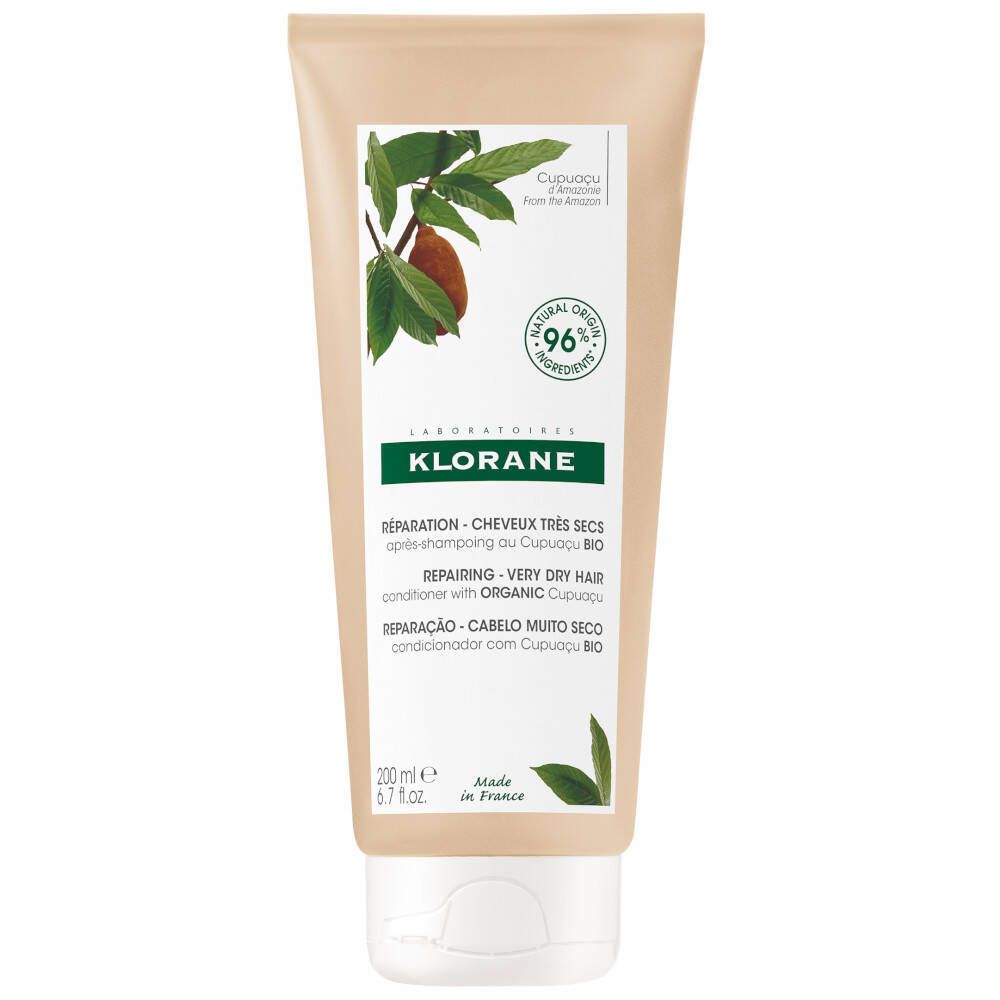 Tube beige avec impression verte. Logo Klorane et nom du produit. Contient 96% d'ingrédients naturels.