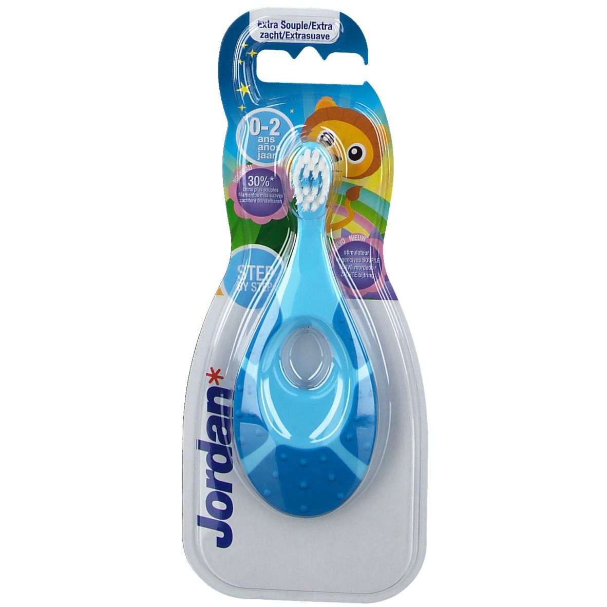 Brosse à dents bleue pour enfants, emballage blister. Manche percé, poils blancs. Emballage avec informations et logo de la marque.