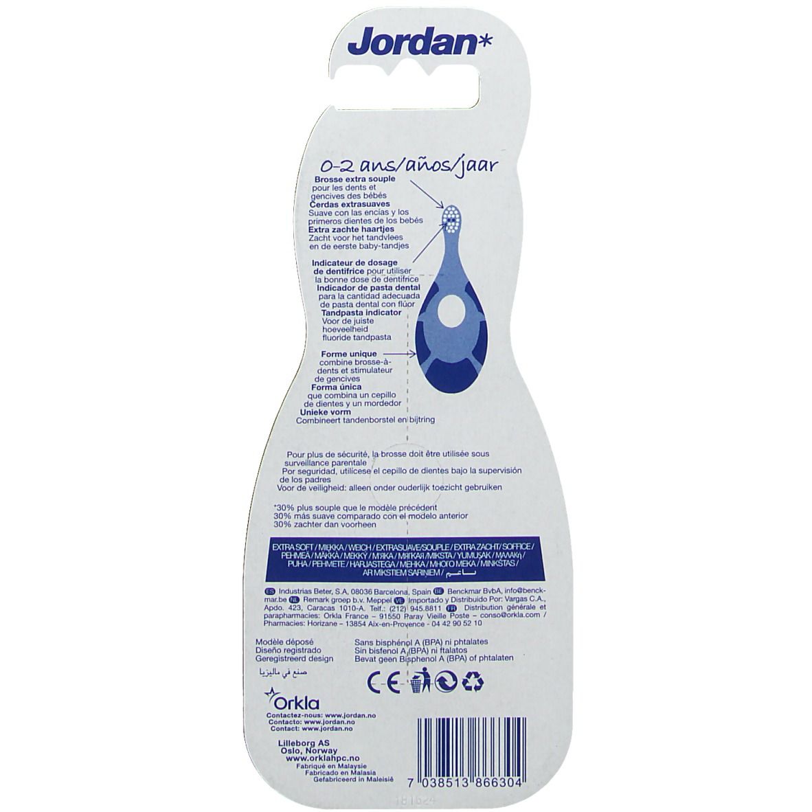 Dos de l'emballage blister. Informations produit, illustration de la brosse à dents, logo de la marque et certifications.