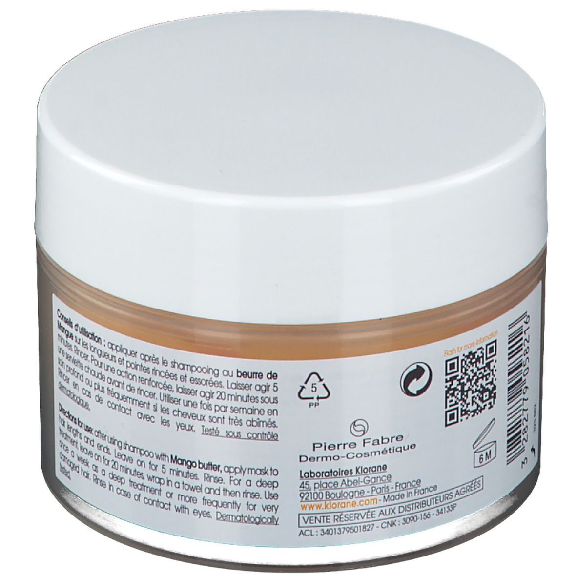 Pot de masque capillaire Klorane. Texte sur l'utilisation et les ingrédients. Informations fabricant. Code QR et symboles de recyclage.