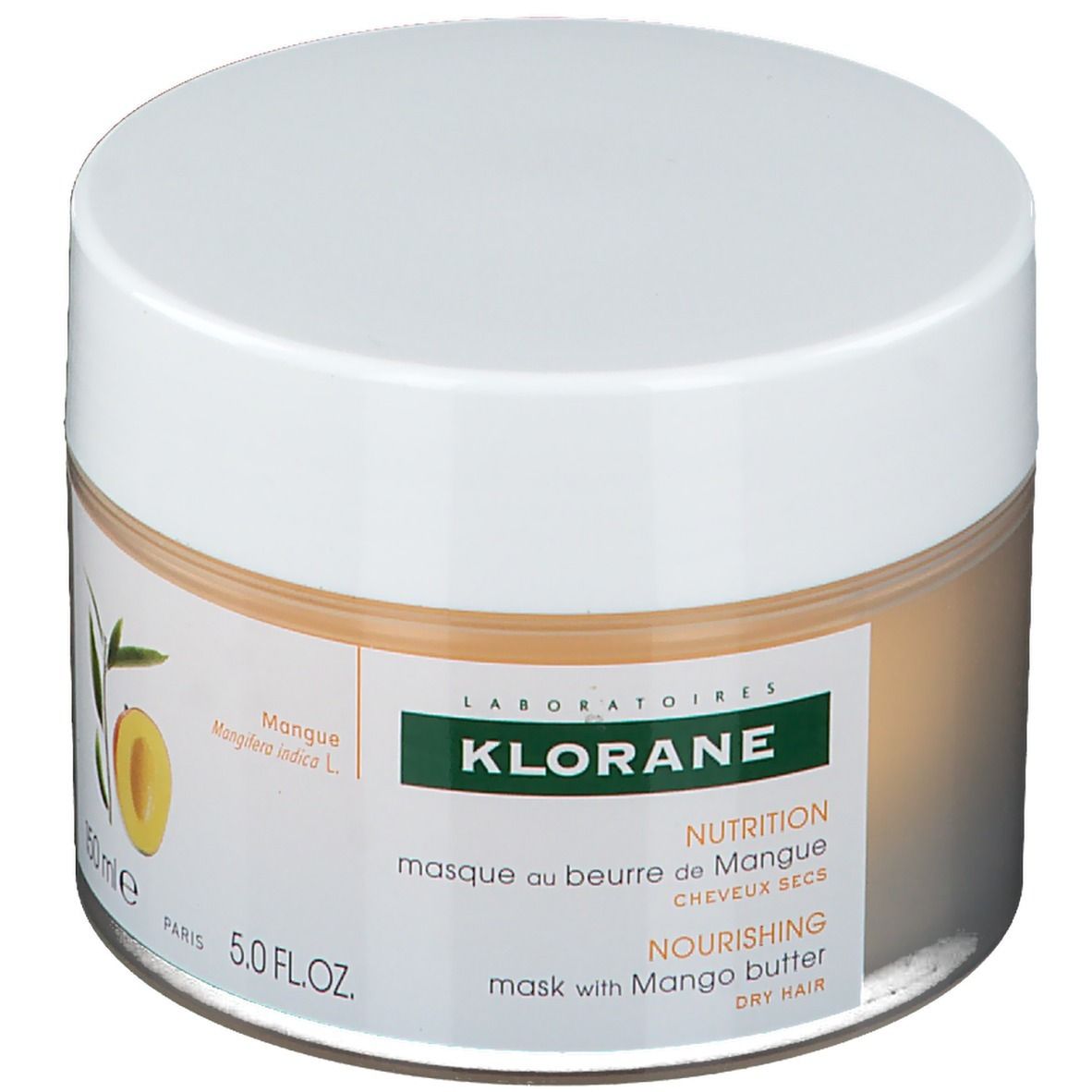 Pot de masque capillaire Klorane au beurre de mangue. Inscription: Nutrition, Nourishing, Dry Hair. Illustration de mangue.