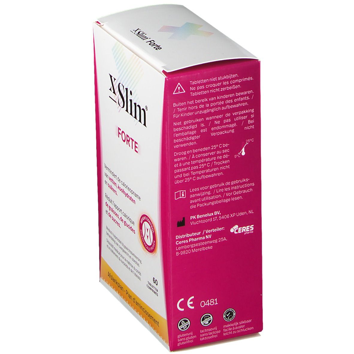 Zijaanzicht van de X Slim Forte verpakking. Wit en roze. Tekstinformatie en CE-markering. Bevat 60 tabletten.