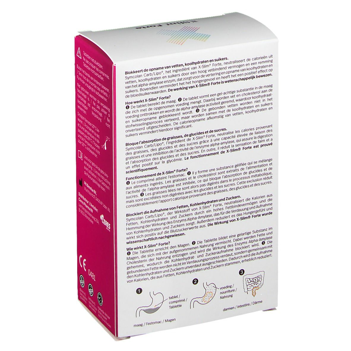 Achterkant van de X Slim Forte verpakking. Wit en roze. Tekstinformatie, ingrediënten en werking. Met logo.