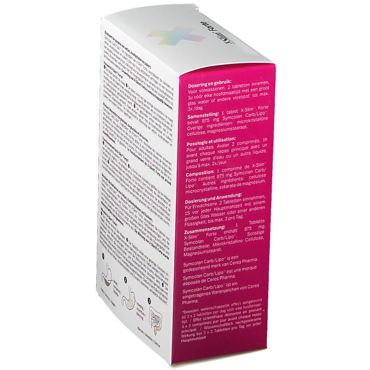 Zijkant van de X Slim Forte verpakking. Wit en roze. Dosering en gebruiksaanwijzing. Met logo en tekst.