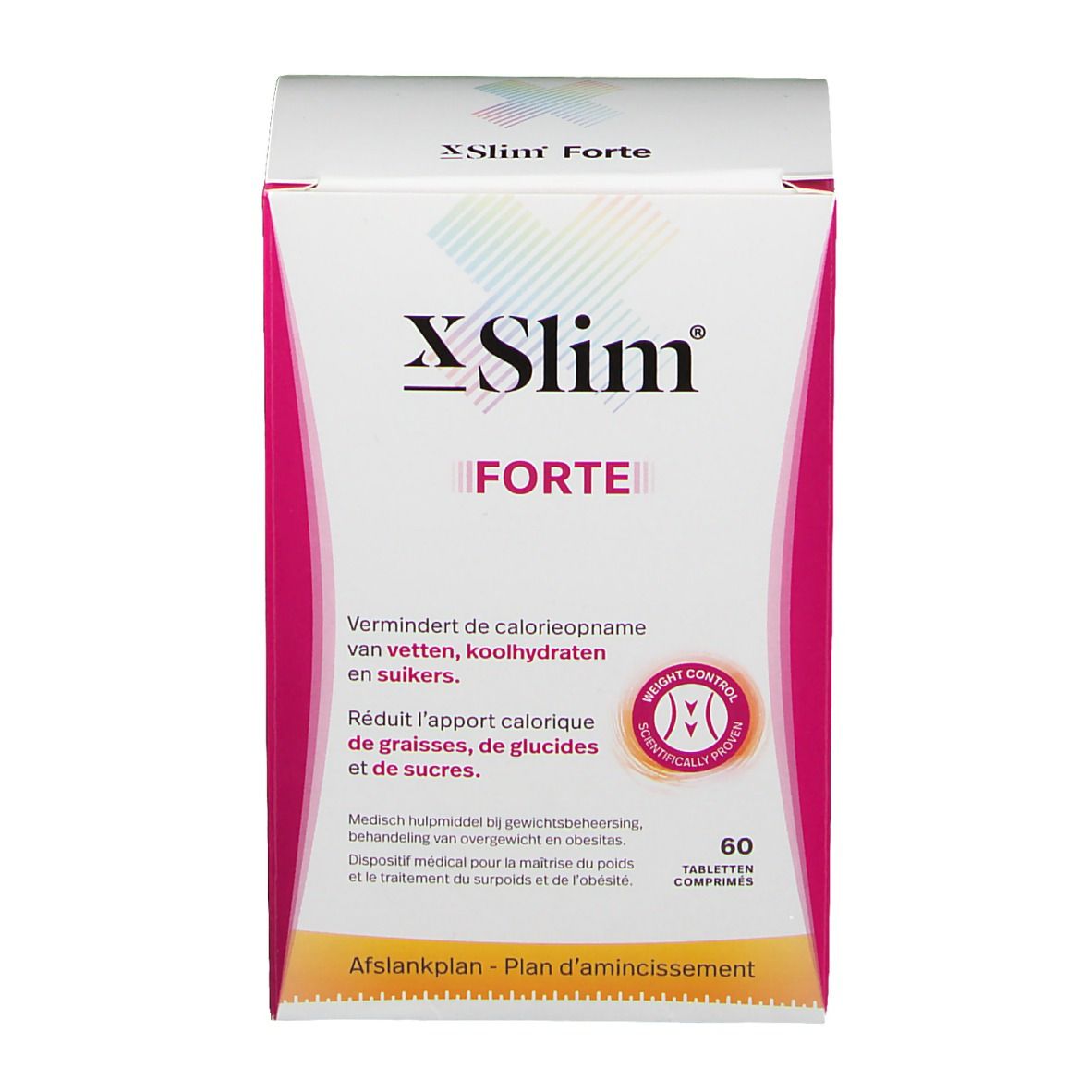 Vooraanzicht van de X Slim Forte verpakking. Wit en roze, met productnaam en logo. Bevat 60 tabletten. Certificeringslogo.