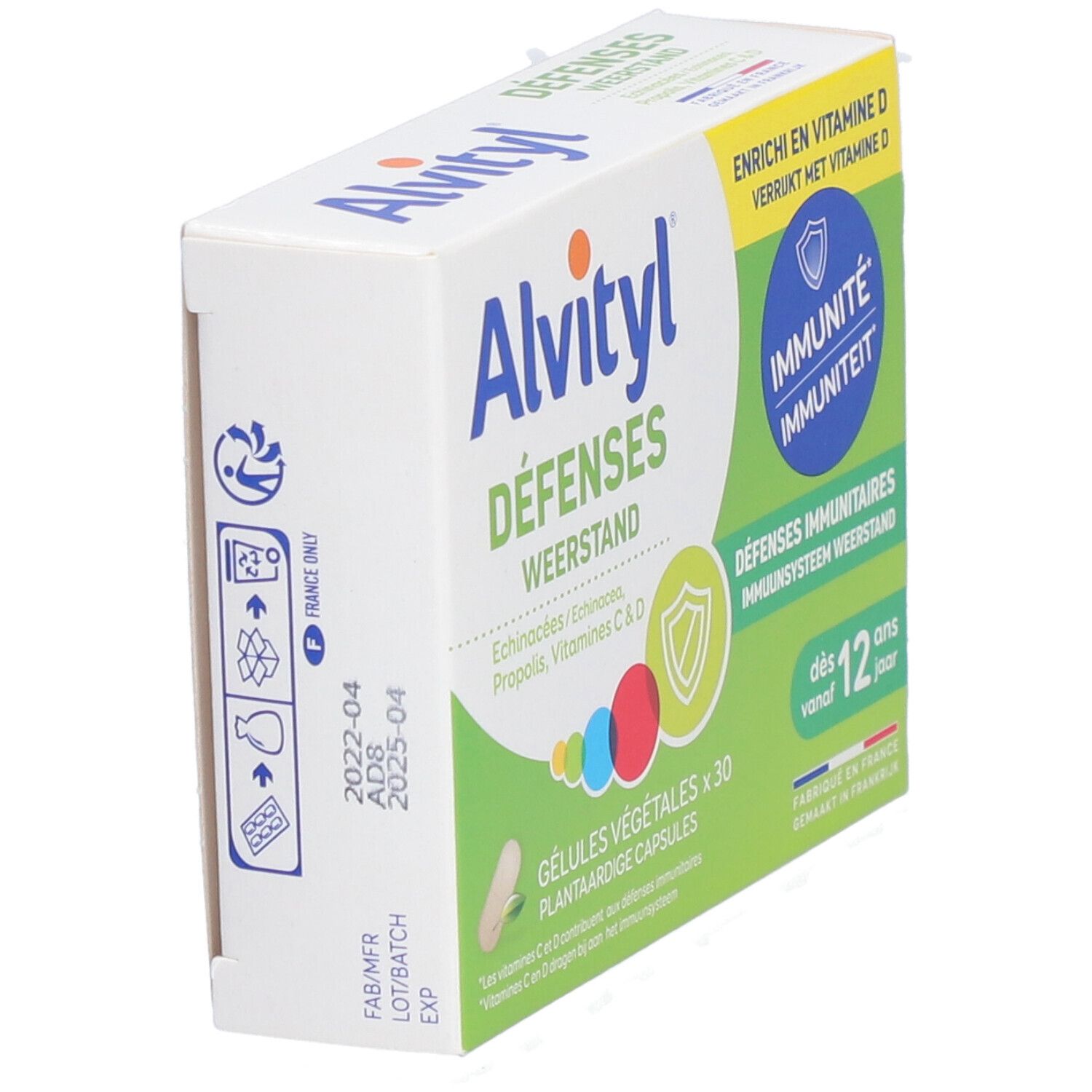 Boîte Alvityl Défenses, en biais. Design vert et blanc. Texte : Défenses immunitaires, dès 12 ans. Fabriqué en France.
