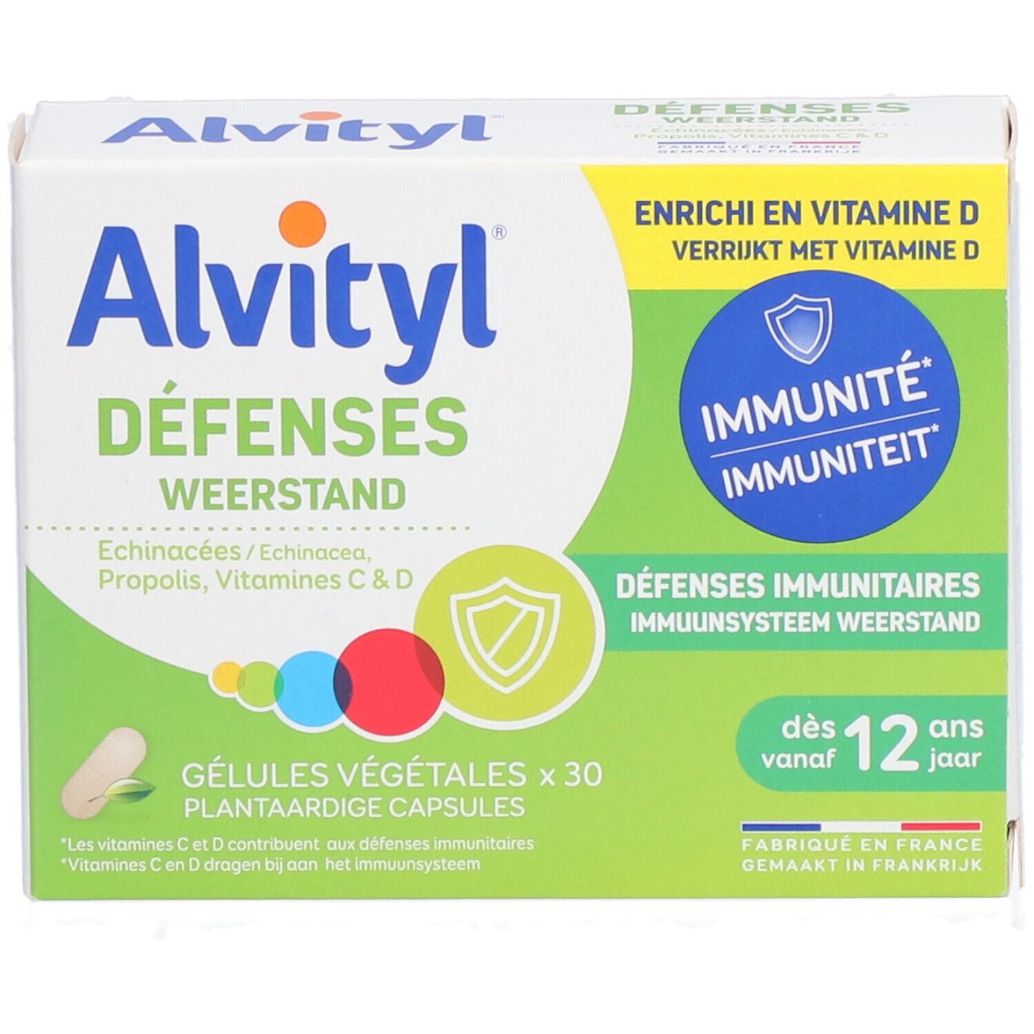 Boîte Alvityl Défenses. Design vert et blanc. Contient 30 gélules végétales. Texte : Défenses immunitaires, dès 12 ans.