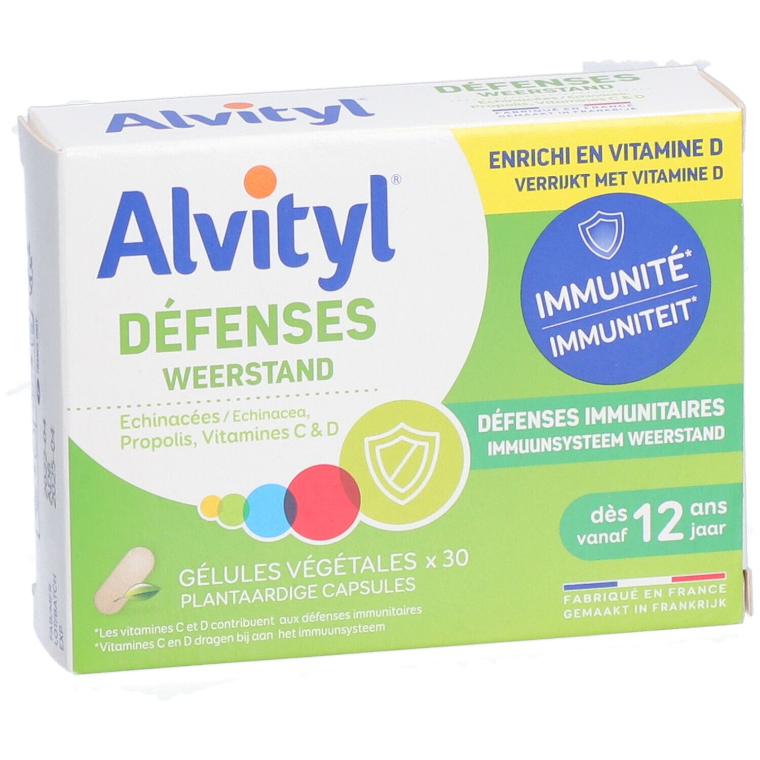Boîte Alvityl Défenses. Design vert et blanc. Contient 30 gélules végétales. Texte : Défenses immunitaires, dès 12 ans.