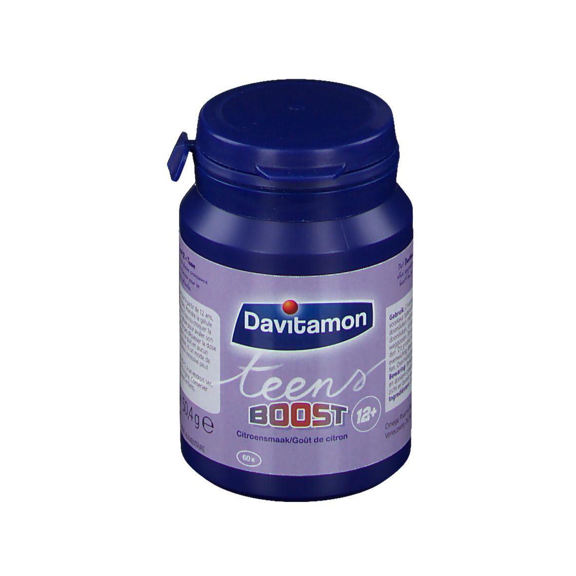 Boîte bleue Davitamon teens BOOST. Inscription: 12+. Goût citron. Couvercle avec fermeture.
