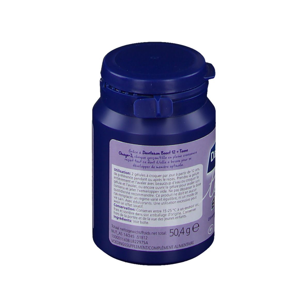 Boîte bleue Davitamon teens BOOST. Inscription: 50,4g. Informations textuelles et inscriptions.