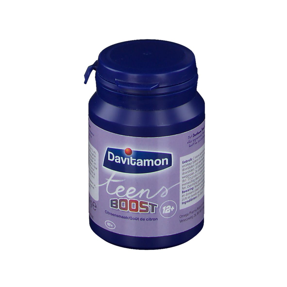 Boîte bleue Davitamon teens BOOST. Inscription: 12+. Goût citron. Couvercle avec fermeture.