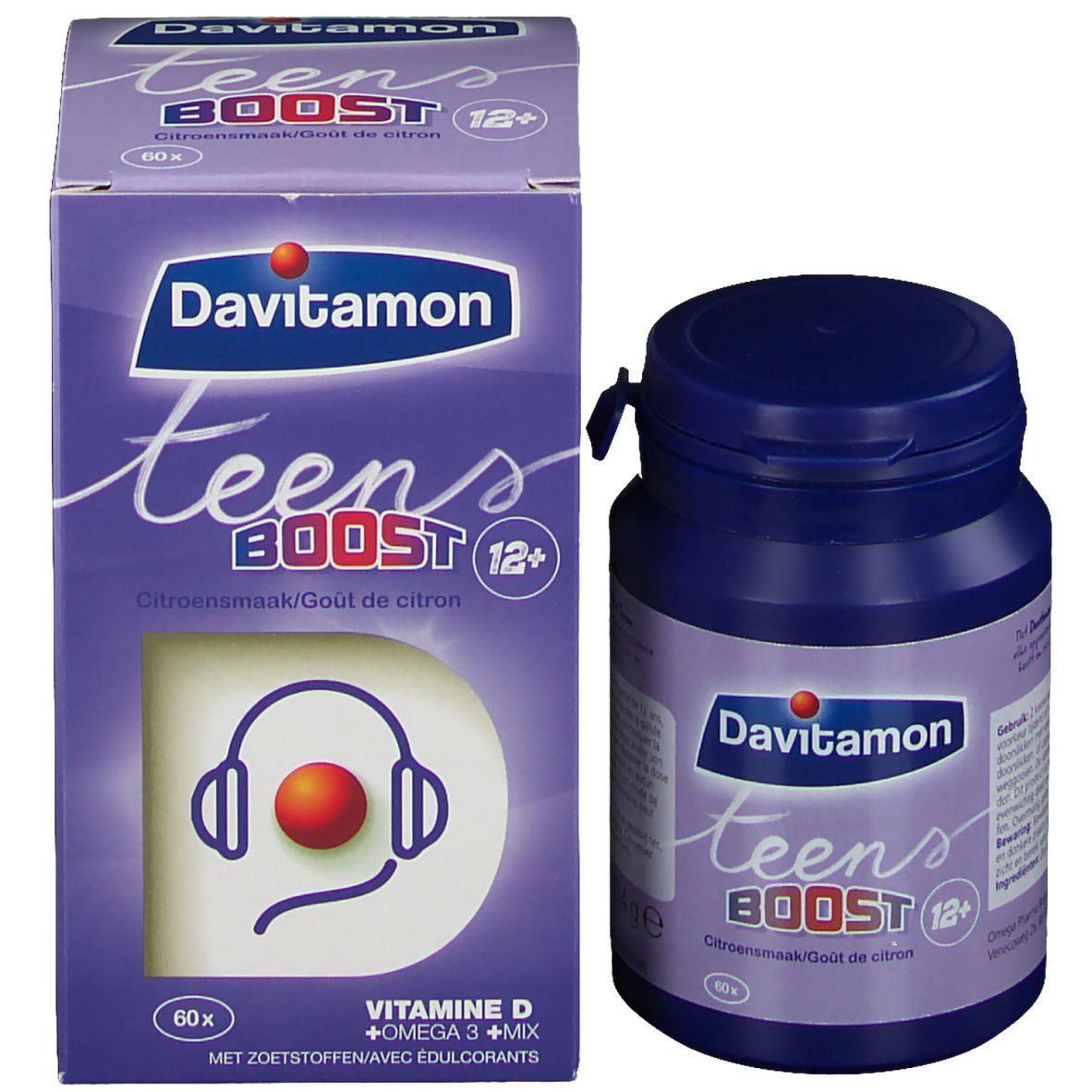 Emballage et boîte Davitamon teens BOOST. Inscription: 12+. Goût citron. 60x. Vitamine D + Oméga 3 + Mix.