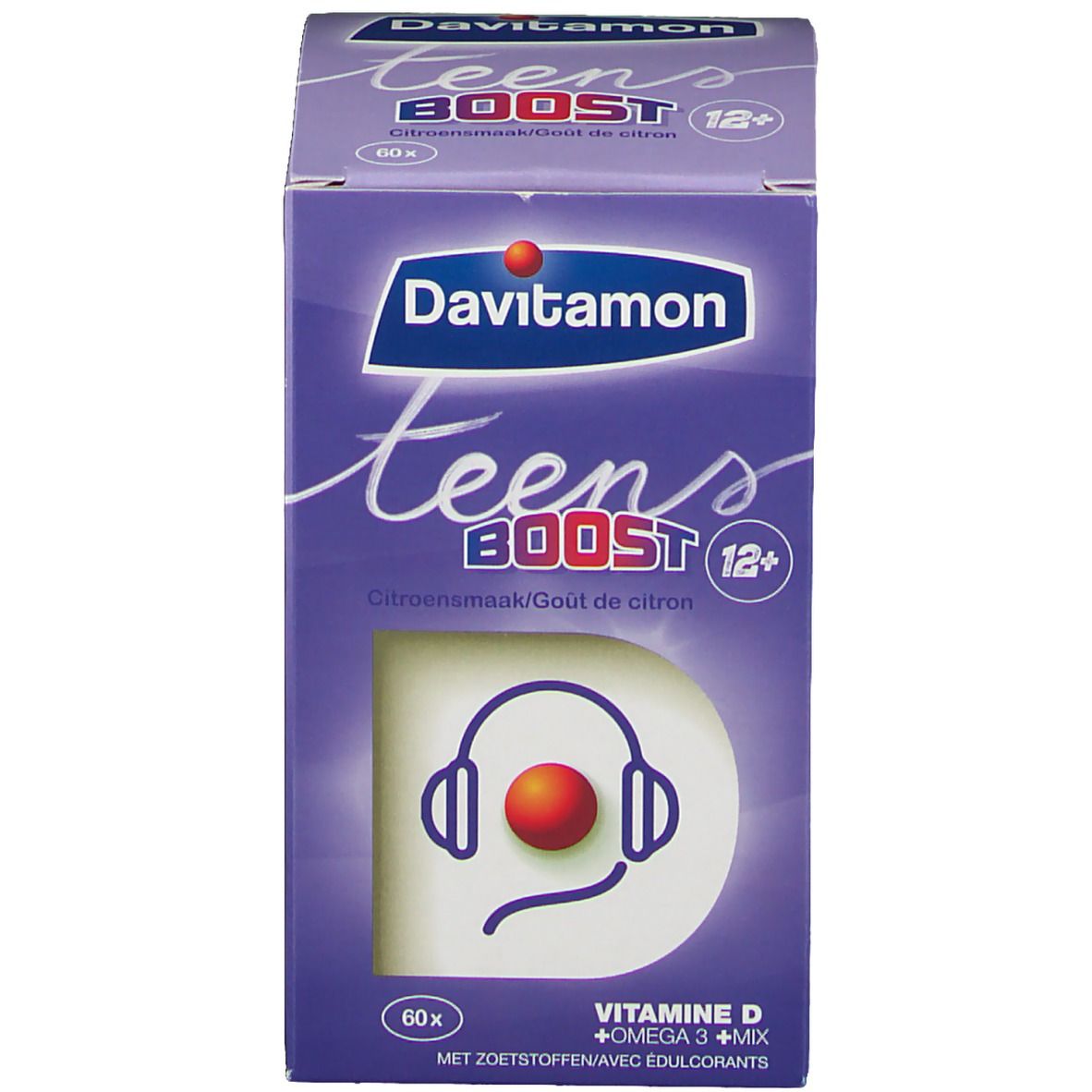 Emballage Davitamon teens BOOST. Inscription: 12+. Goût citron. 60x. Vitamine D + Oméga 3 + Mix.