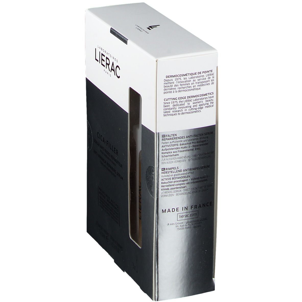 Seitenansicht der LIERAC CICA-FILLER Verpackung. Text: Anti-Falten-Serum, hergestellt in Frankreich.