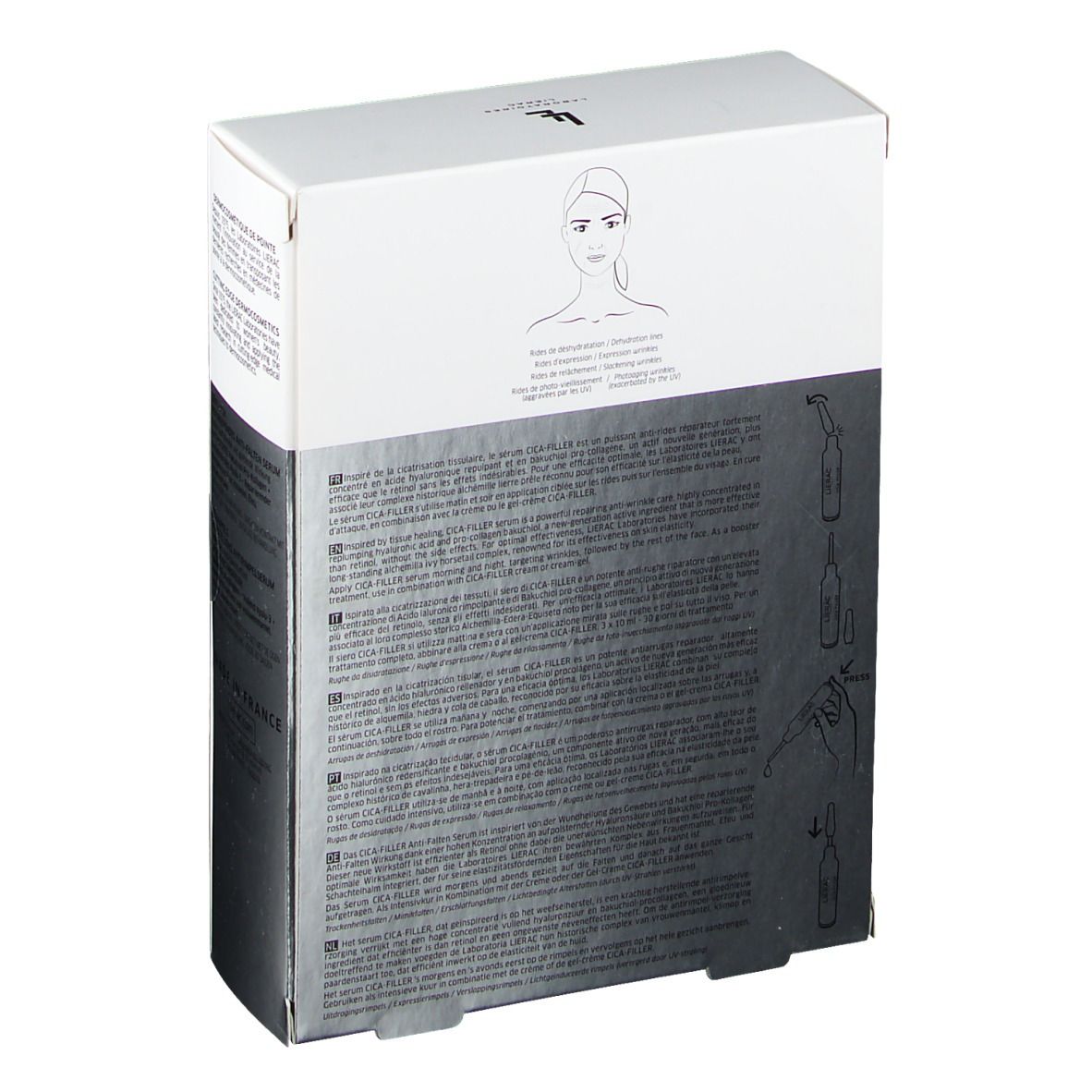 Rückseite der LIERAC CICA-FILLER Verpackung. Illustration eines Gesichts. Text: Anwendungshinweise.