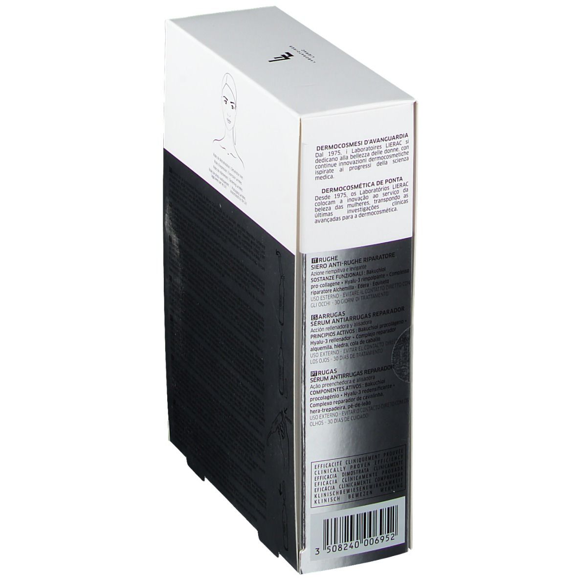 Rückseite der LIERAC CICA-FILLER Verpackung. Text: Informationen zum Produkt und Hersteller.
