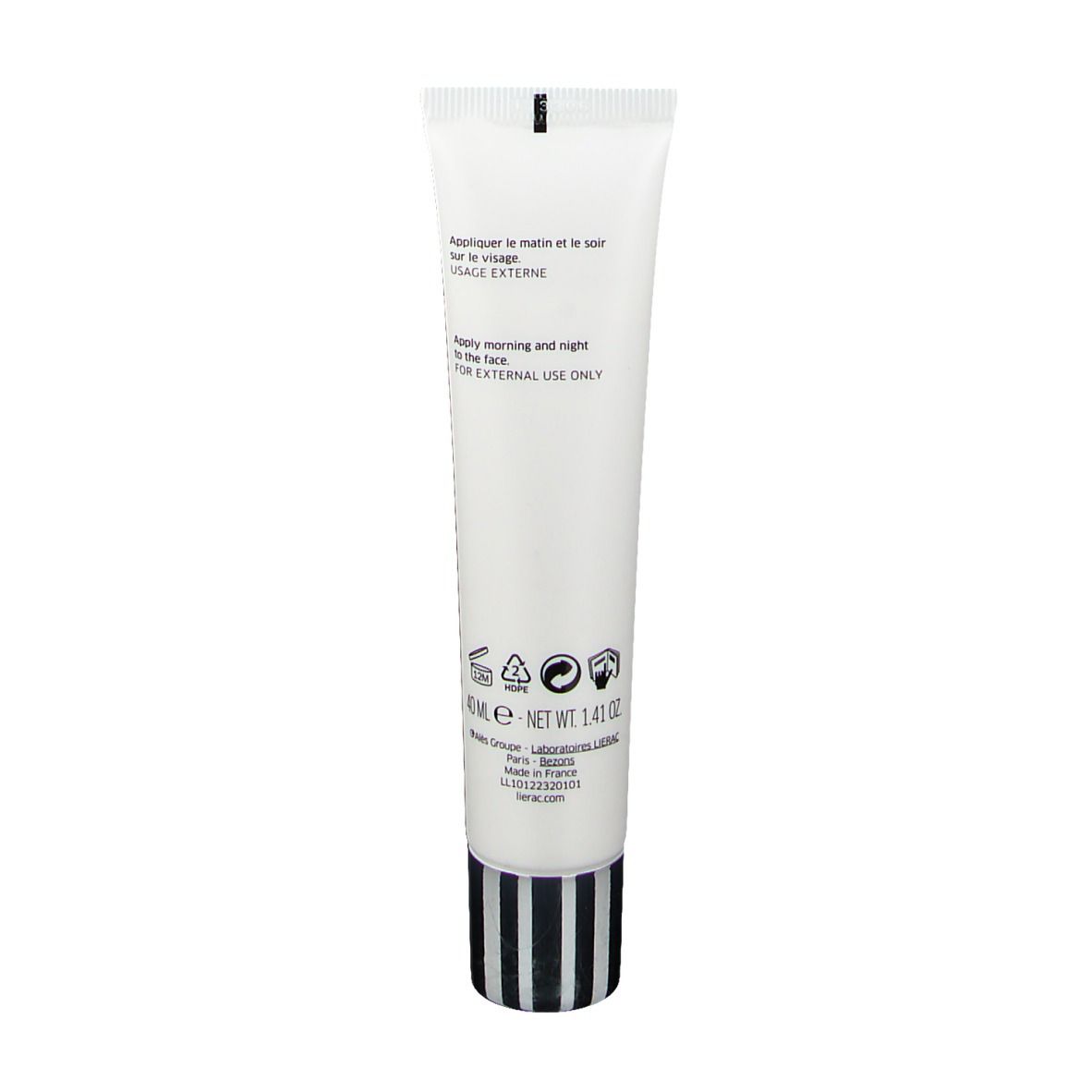 Tube blanche, base rayée noir et blanc. Texte: Pour usage externe. 40ml.