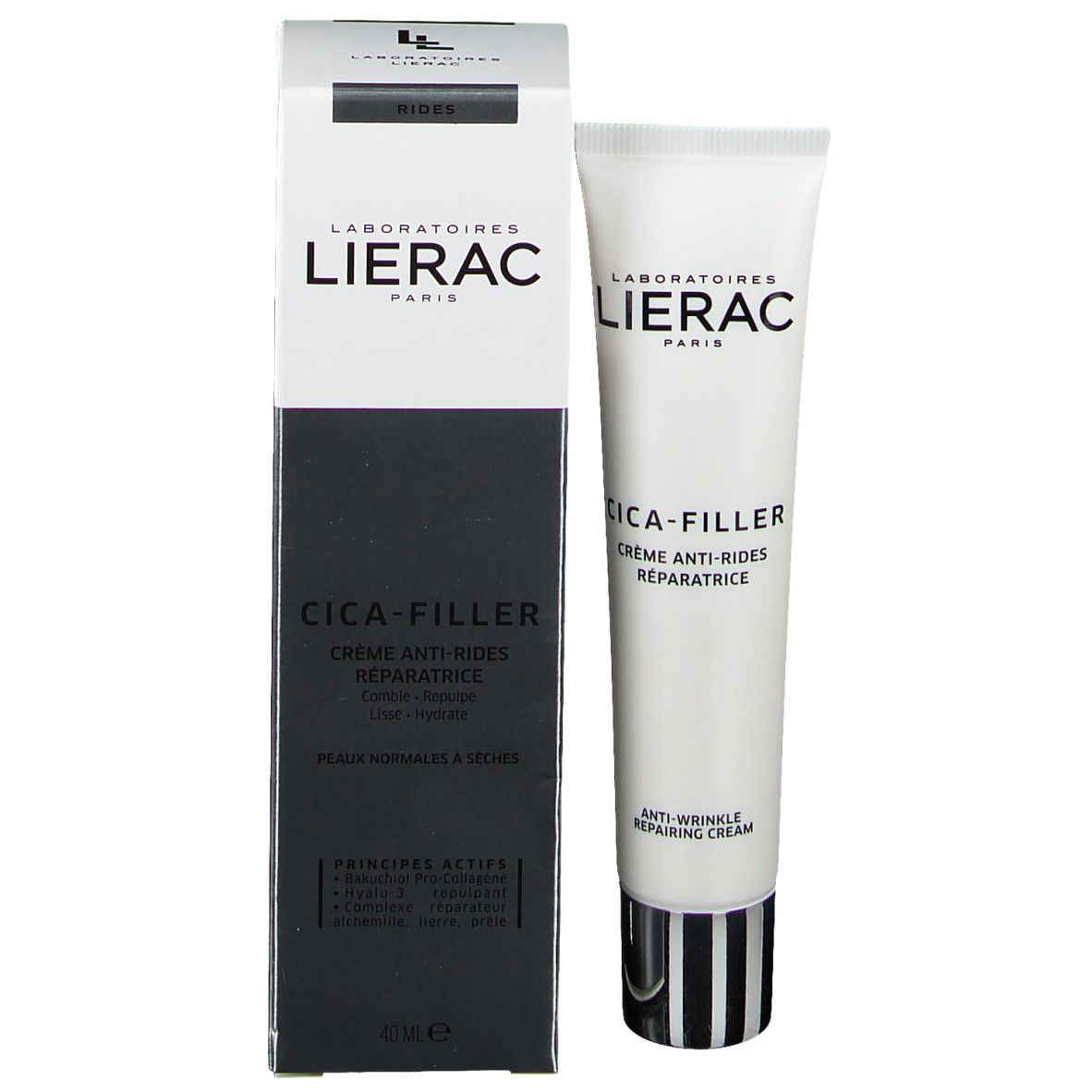 Boîte et tube. Sur la boîte: LIERAC, CICA-FILLER, crème anti-rides. Tube: CICA-FILLER, crème anti-rides.