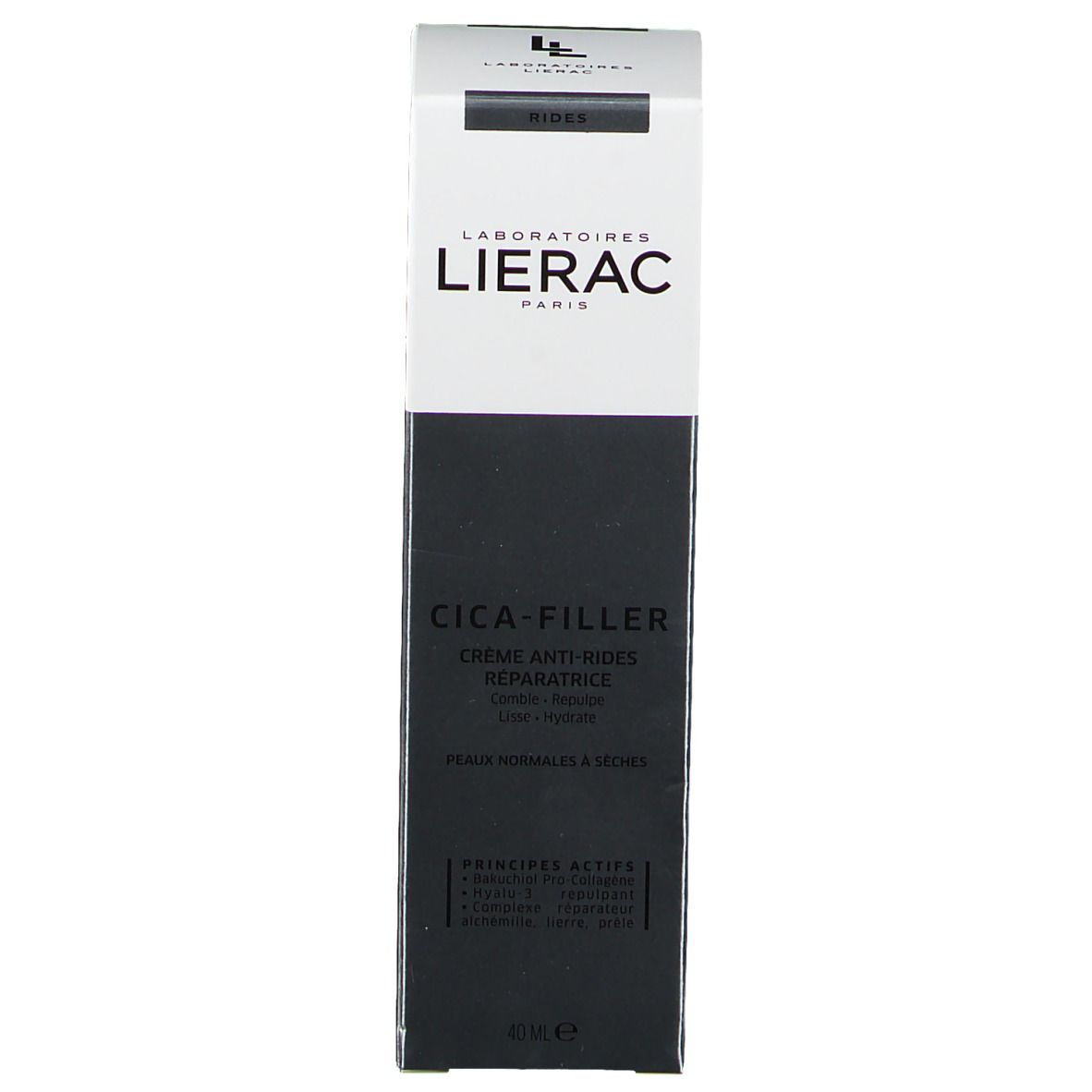 Boîte avec logo LIERAC et CICA-FILLER. Texte: Crème anti-rides, peaux normales à sèches. 40ml.