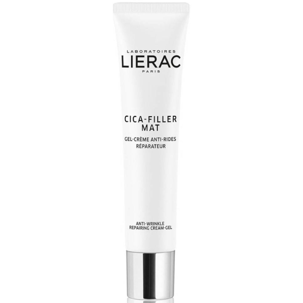 Witte tube met zwarte tekst. LIERAC, CICA-FILLER MAT, Gel-Crème Anti-Rides. Zilveren dop.