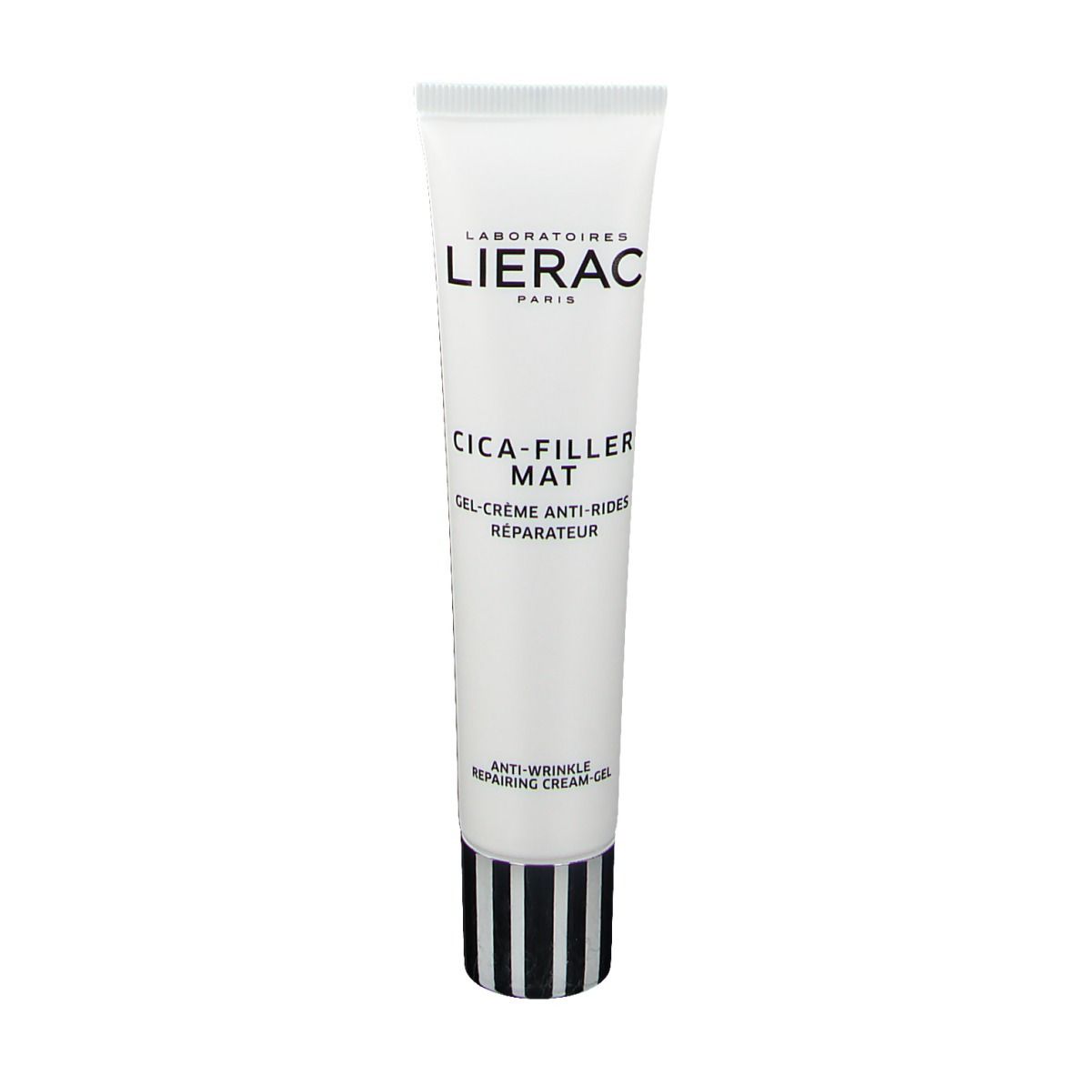 Witte tube met zwarte tekst. LIERAC, CICA-FILLER MAT. Zwart-witte gestreepte basis.