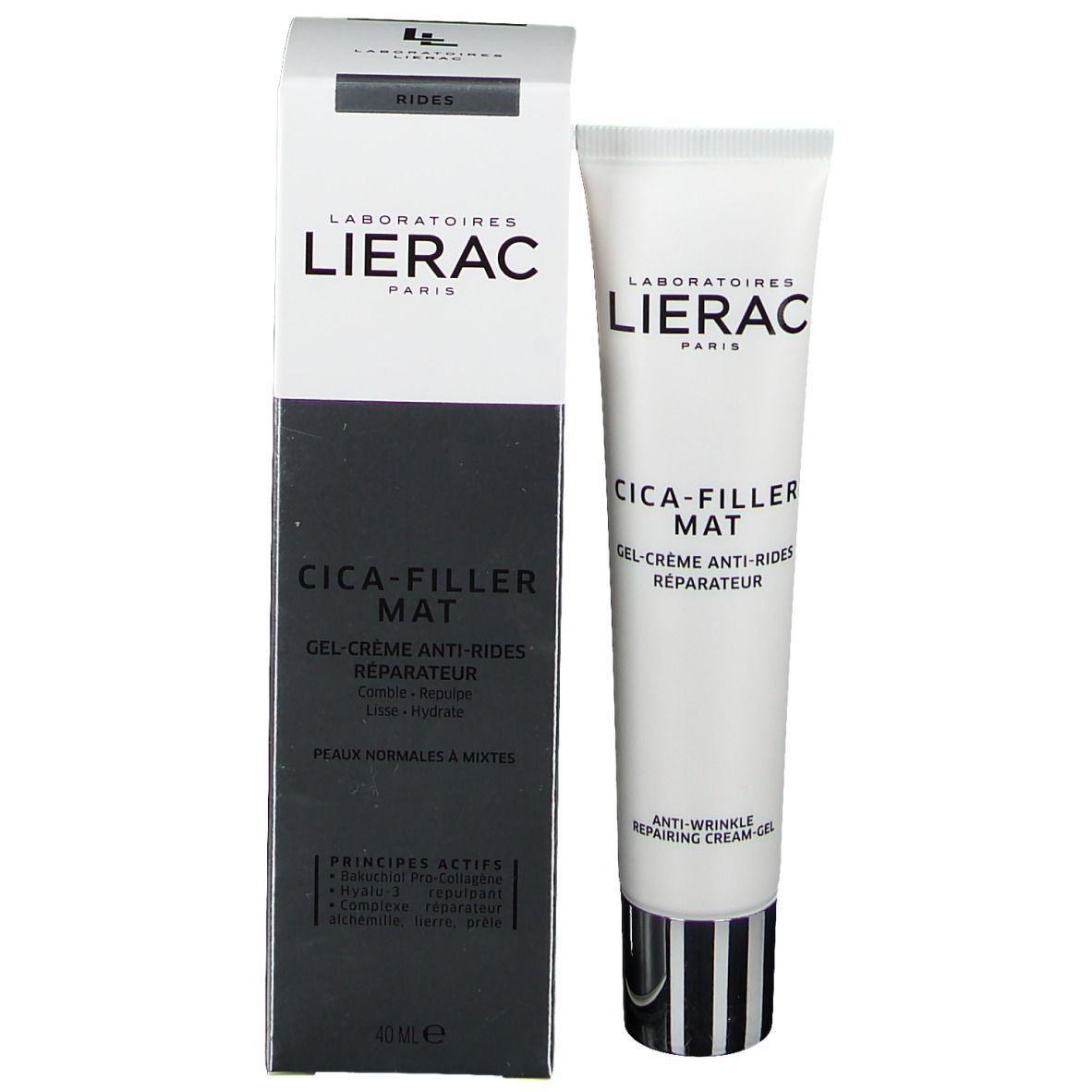 Productverpakking met tube. LIERAC, CICA-FILLER MAT. Gel-Crème Anti-Rides. Zwart-witte verpakking.