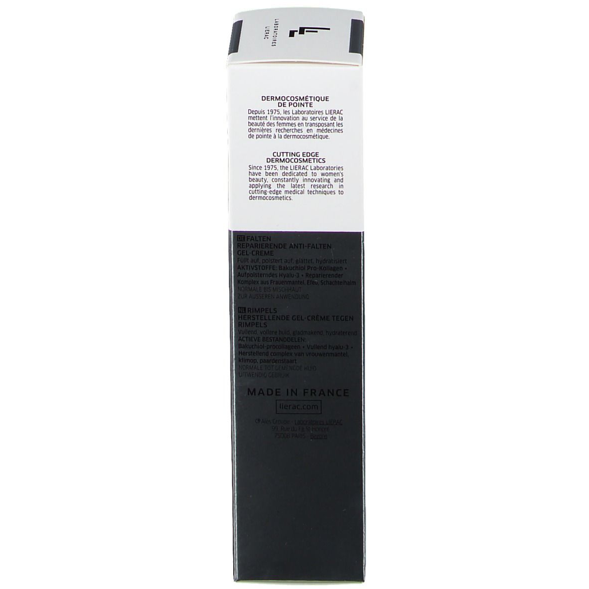 Zwarte verpakking met witte tekst. LIERAC, CICA-FILLER MAT. Informatie over product en merk.