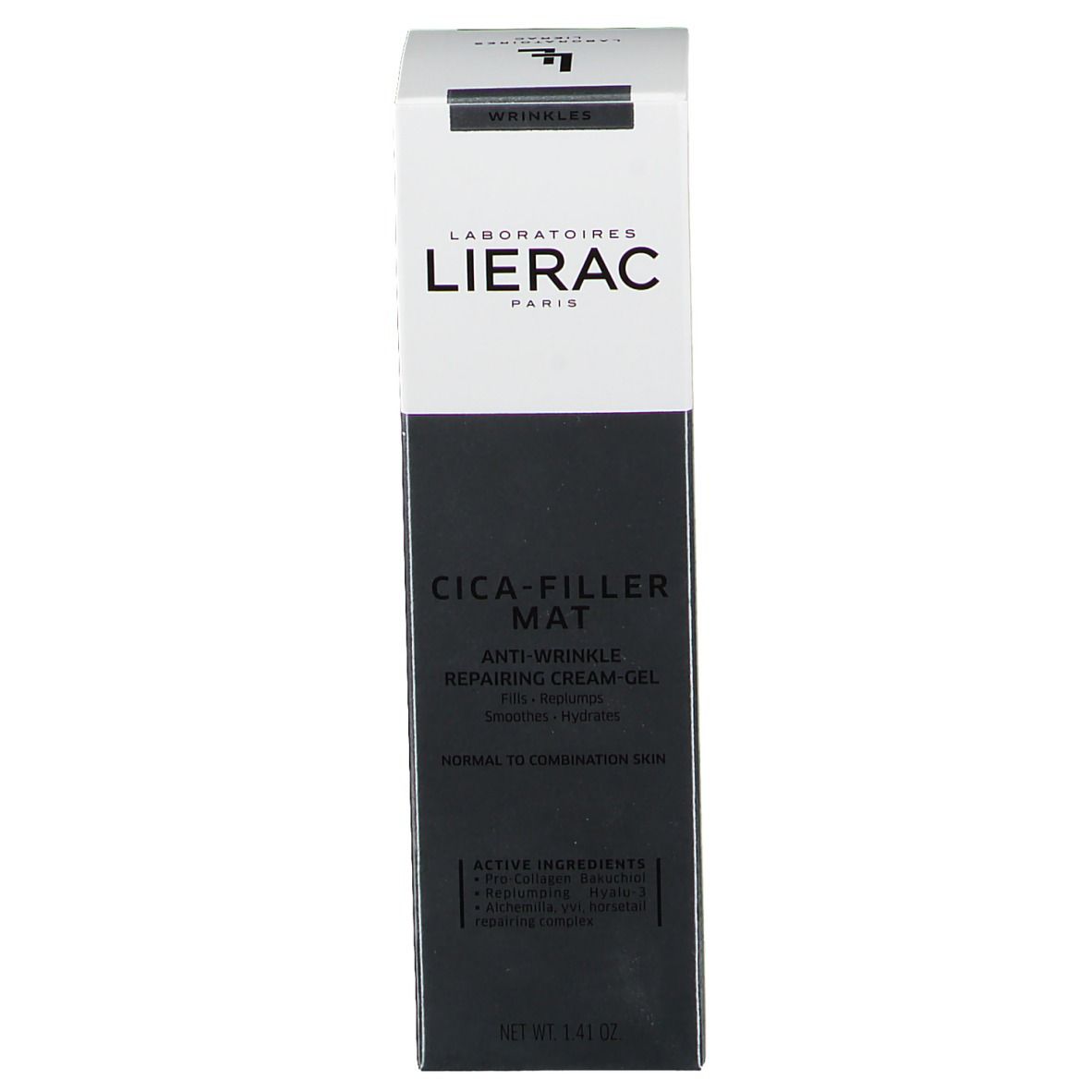 Zwarte verpakking met witte tekst. LIERAC, CICA-FILLER MAT. Informatie over product en merk.