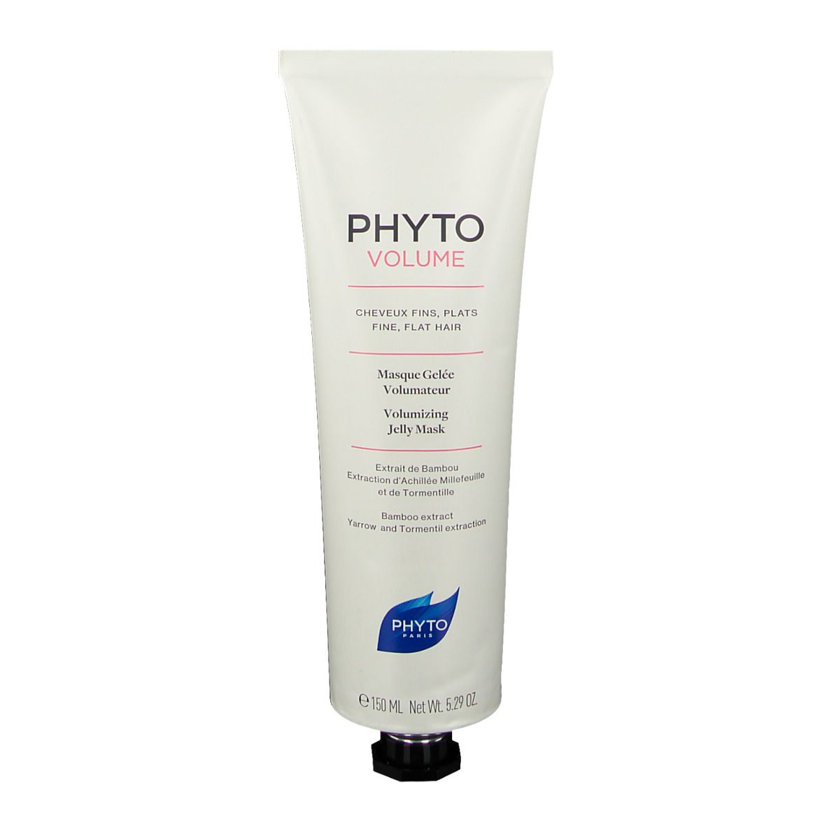 Witte tube met zwarte dop. Opschrift: PHYTO VOLUME, Masque Gelée Volumateur, Volumizing Jelly Mask. Logo.