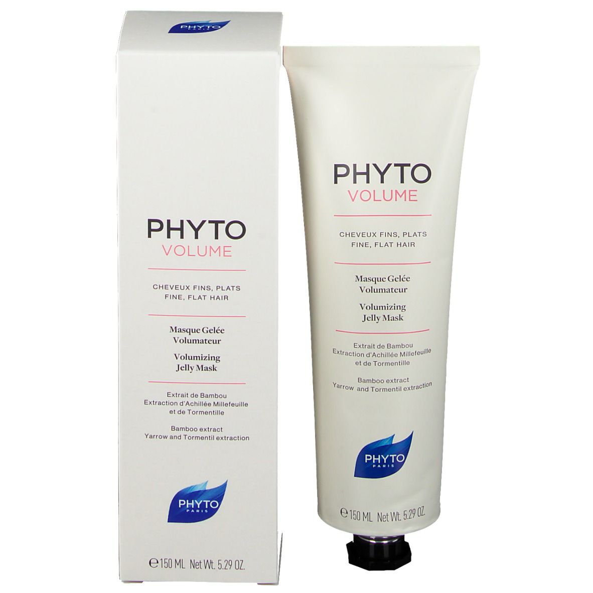 Productverpakking met tube en doos. Opschrift: PHYTO VOLUME, Masque Gelée Volumateur, Volumizing Jelly Mask. Logo.