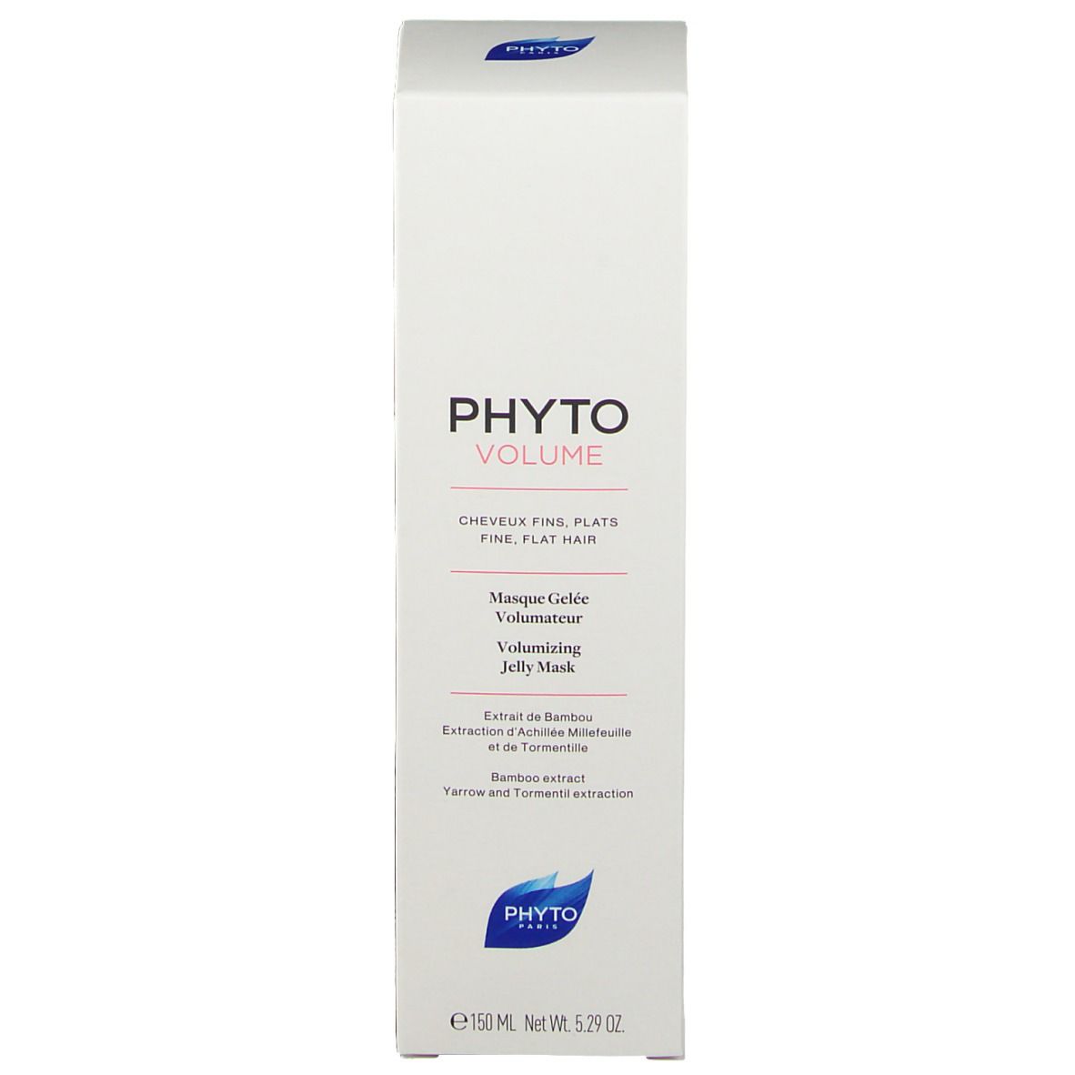 Witte doos met opschrift: PHYTO VOLUME, Masque Gelée Volumateur, Volumizing Jelly Mask. Logo en informatie.