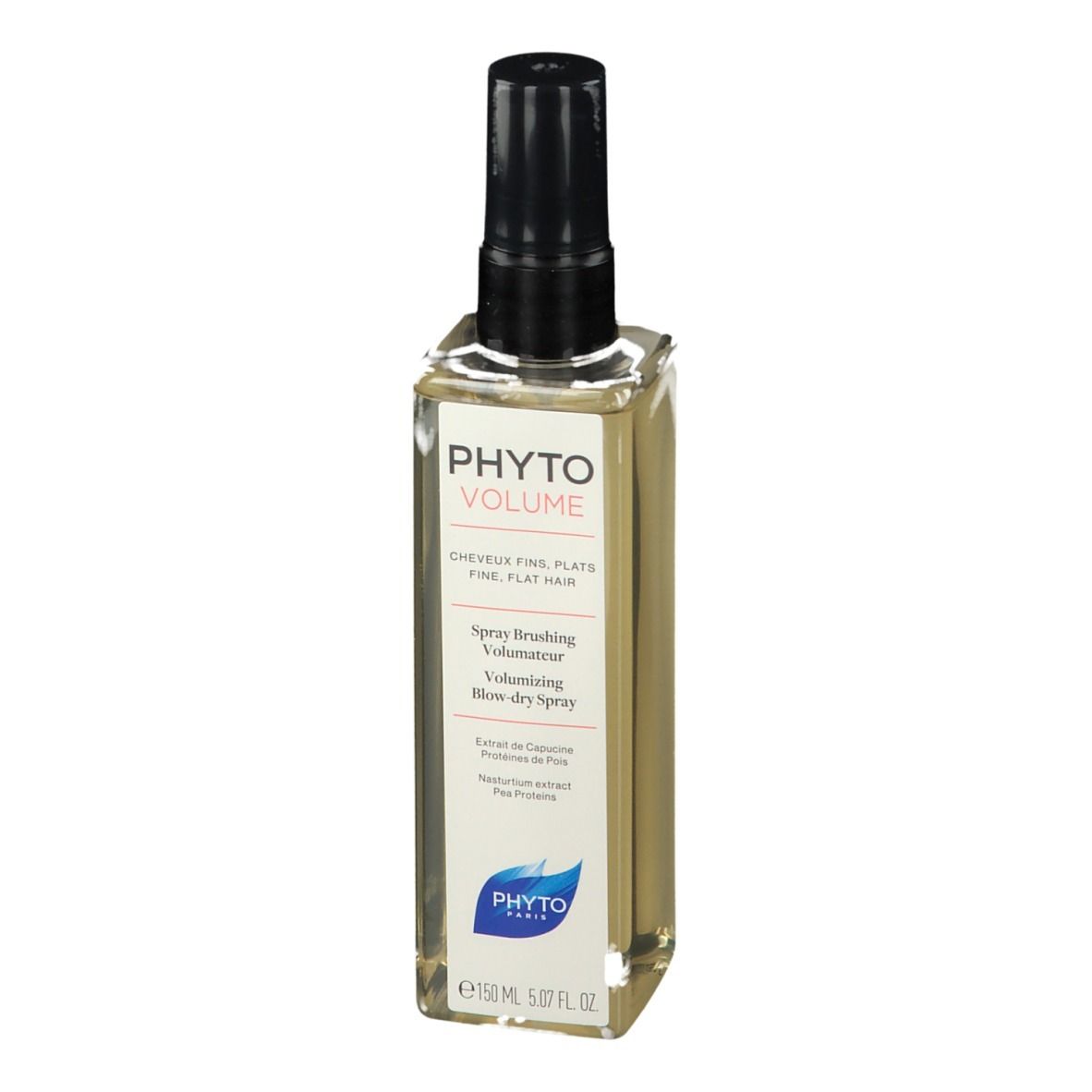 Flacon rectangulaire avec spray transparent et vaporisateur noir. Inscription: PHYTOLUME, pour cheveux fins. Logo.