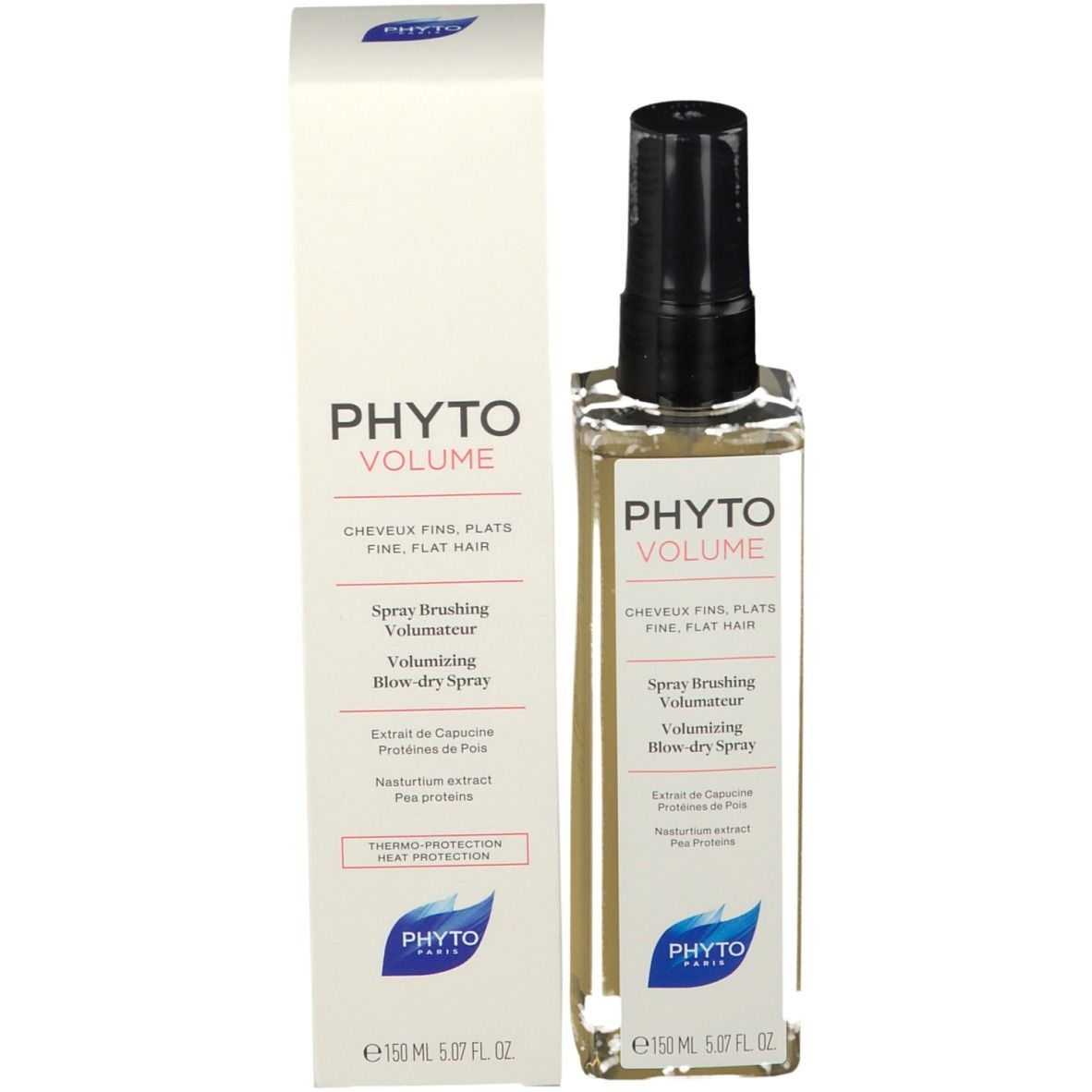 Flacon de produit avec emballage carton. Flacon avec vaporisateur noir. Inscription: PHYTOLUME, pour cheveux fins. Logo.