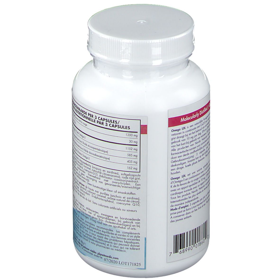 Flacon blanc de gélules. Dos avec informations nutritionnelles. Texte en allemand, néerlandais et français. 60 gélules.
