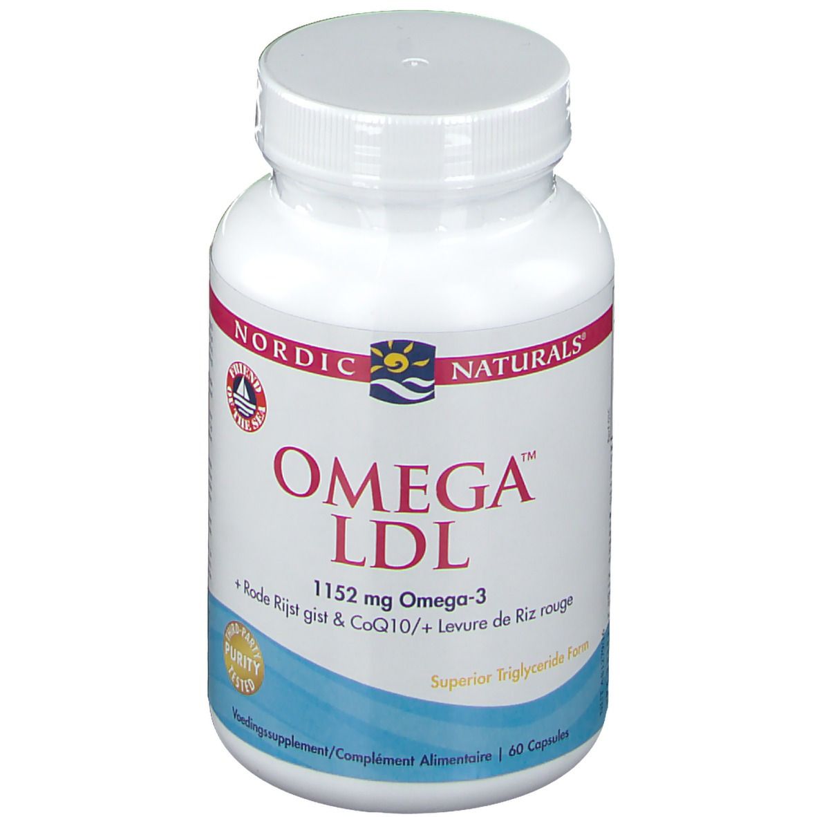 Flacon blanc de gélules. Inscription: Omega LDL, 1152 mg Omega-3. Avec riz rouge, levure et CoQ10. 60 gélules.