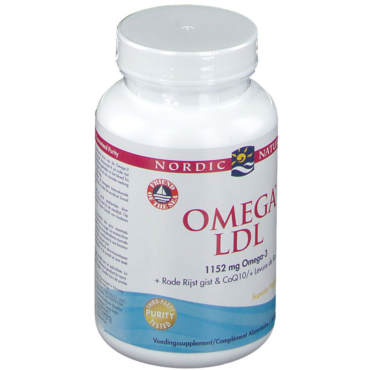 Flacon blanc de gélules. Inscription: Omega LDL, 1152 mg Omega-3. Avec riz rouge, levure et CoQ10. 60 gélules.