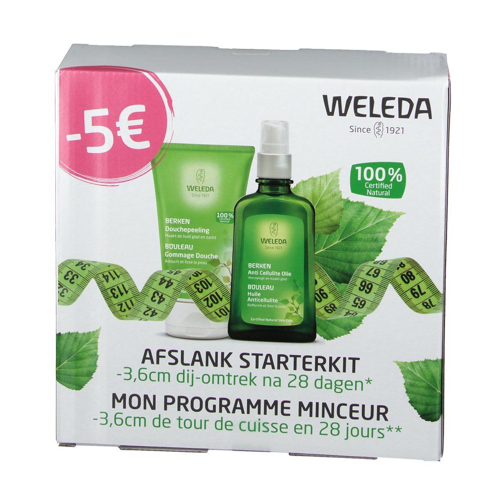 Weleda Afslank Starterkit. Bevat douchepeeling, anti-cellulite olie en meetlint. Verpakking met groene elementen en certificering.
