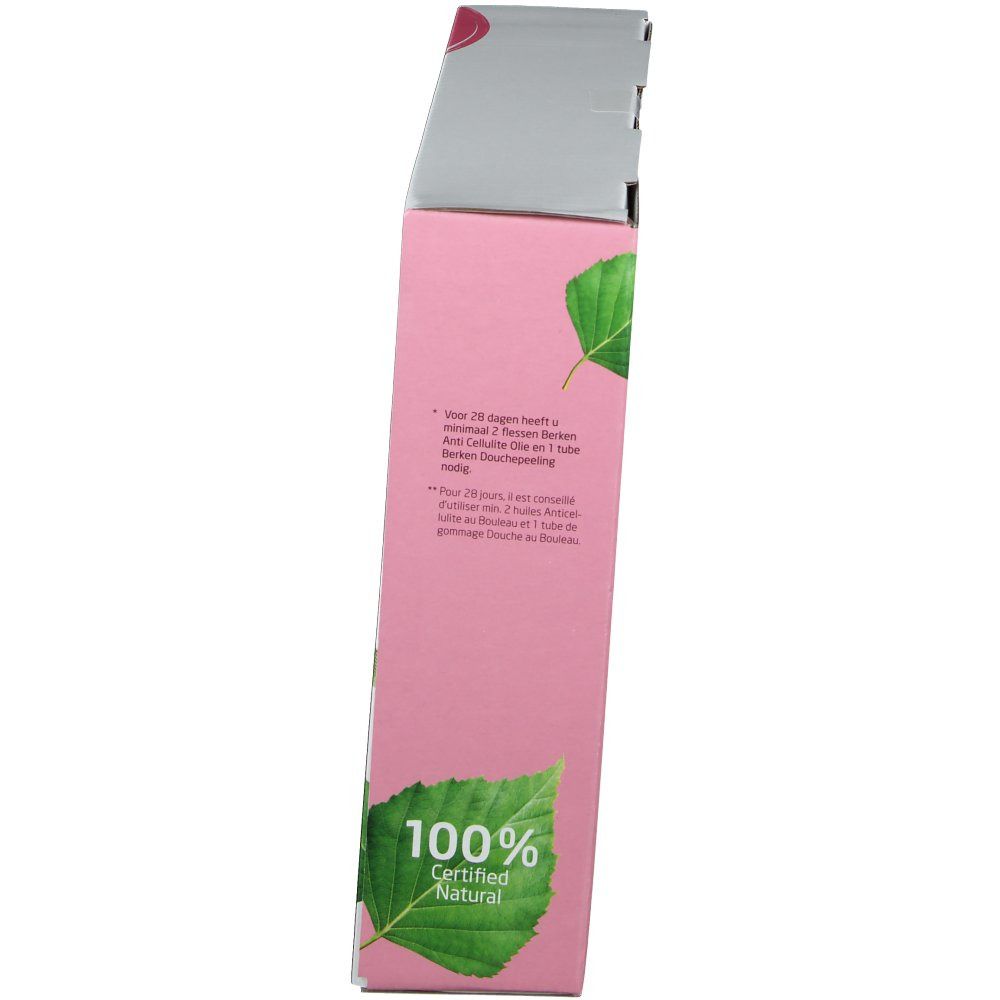 Zijaanzicht van de verpakking van de Weleda Afslank Starterkit. Roze achtergrond met groene bladeren en certificering.