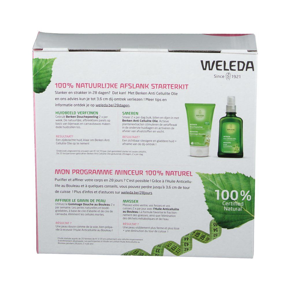Achterkant van de verpakking van de Weleda Afslank Starterkit. Bevat productafbeeldingen, meertalige tekst en certificering.