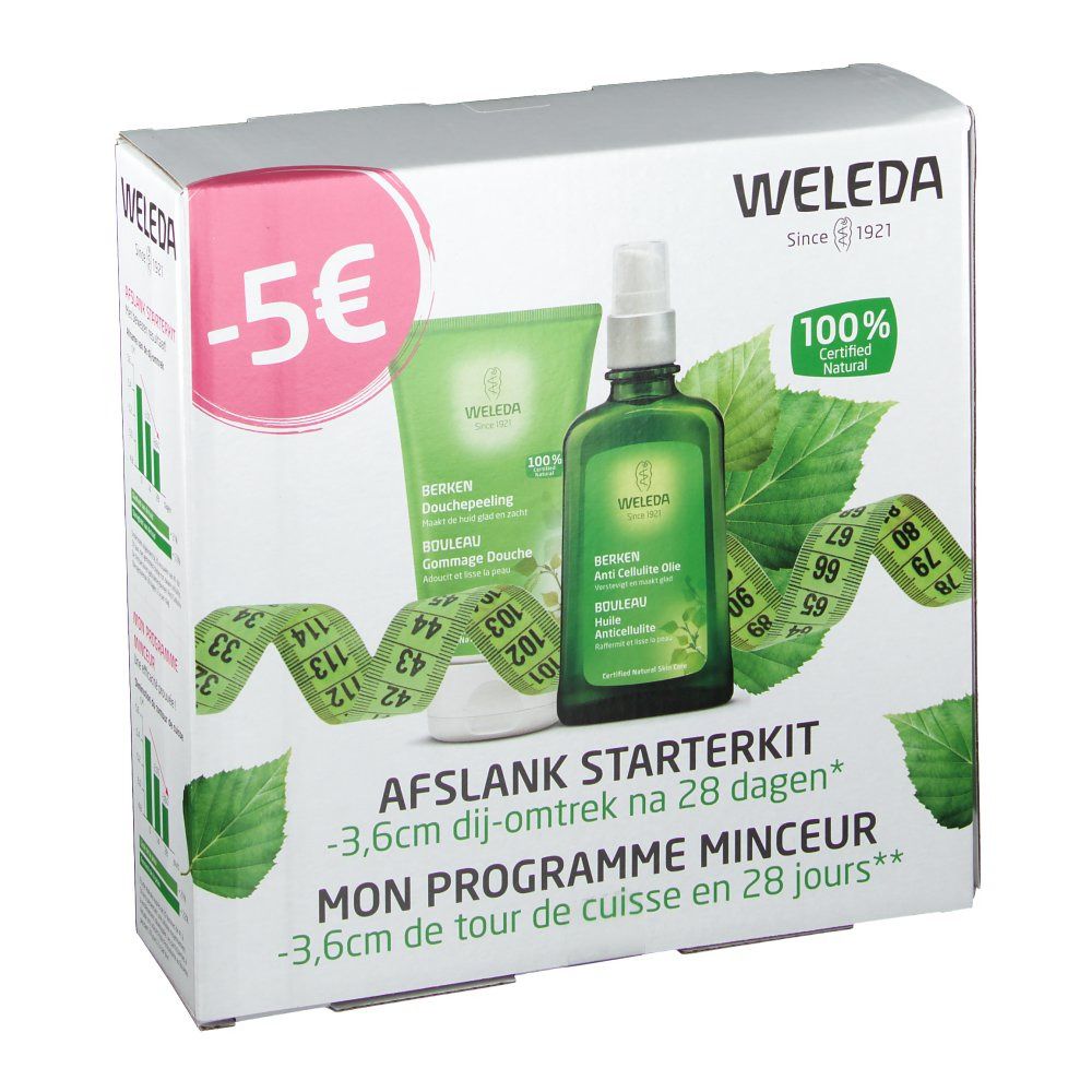 Weleda Afslank Starterkit. Bevat douchepeeling, anti-cellulite olie en meetlint. Verpakking met groene elementen en certificering.