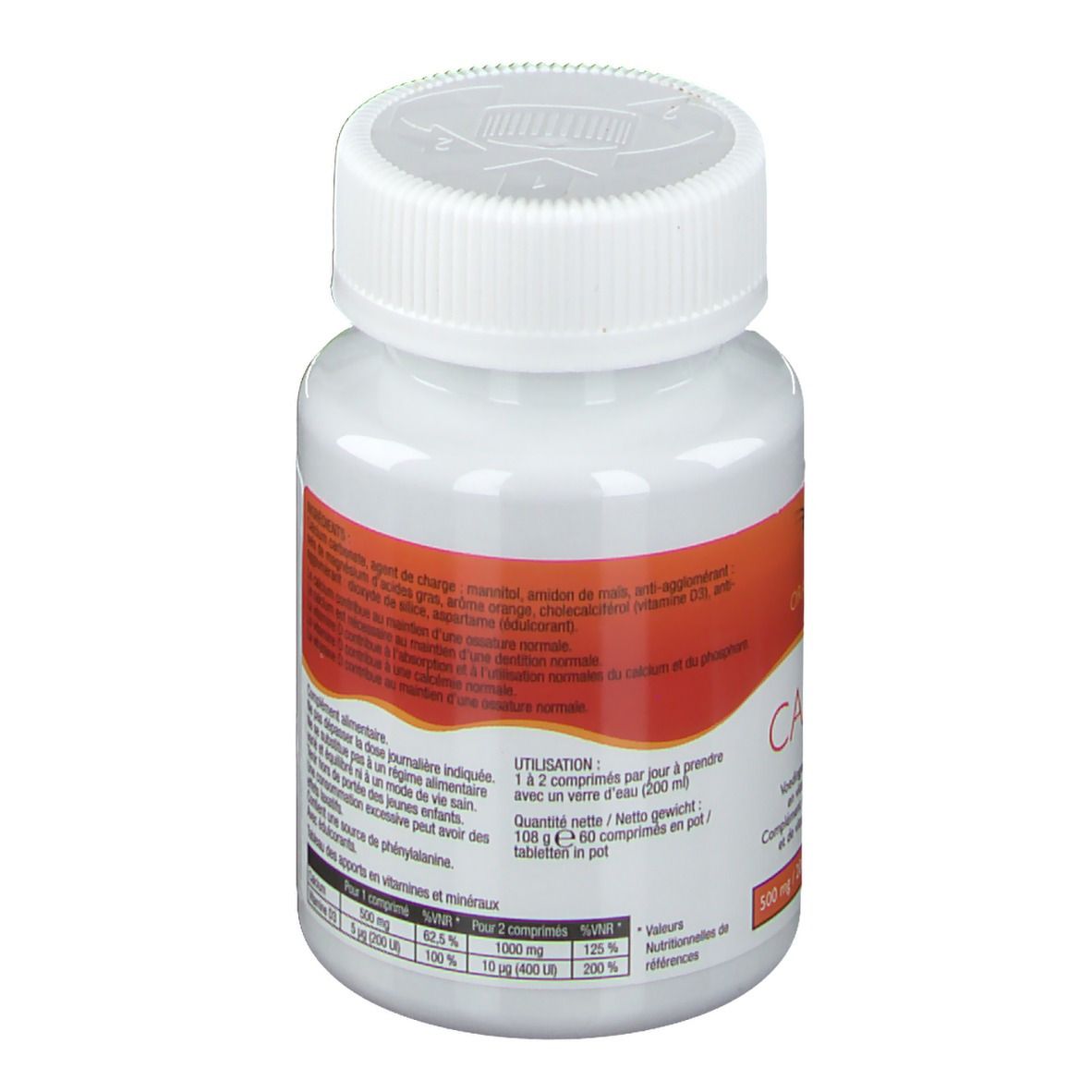Dos du flacon blanc. Étiquette avec ingrédients et recommandation de dosage. Bouchon à vis.