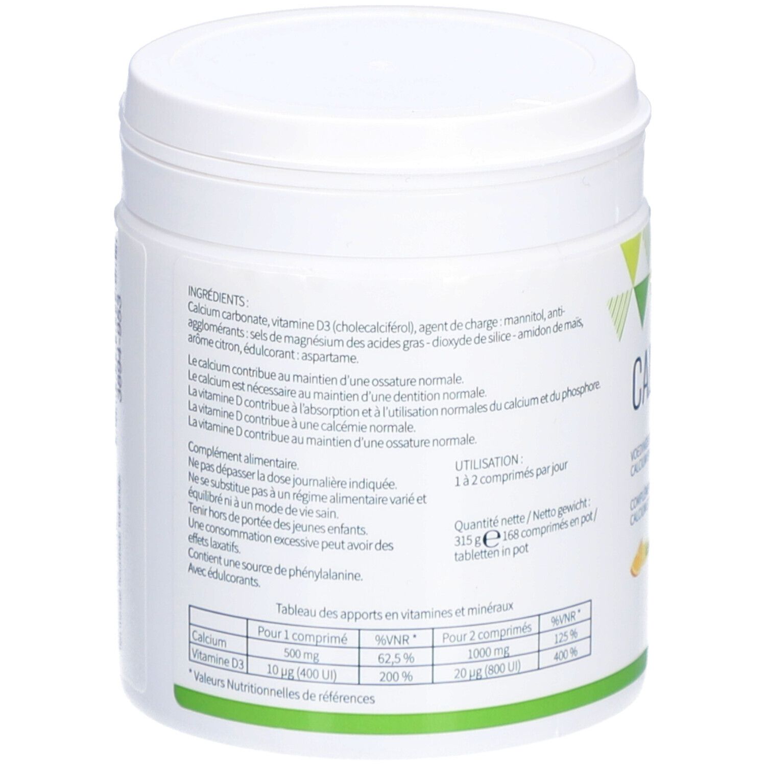 Dos du pot CALCIVID® blanc. Contient ingrédients, informations nutritionnelles et mode d'emploi.