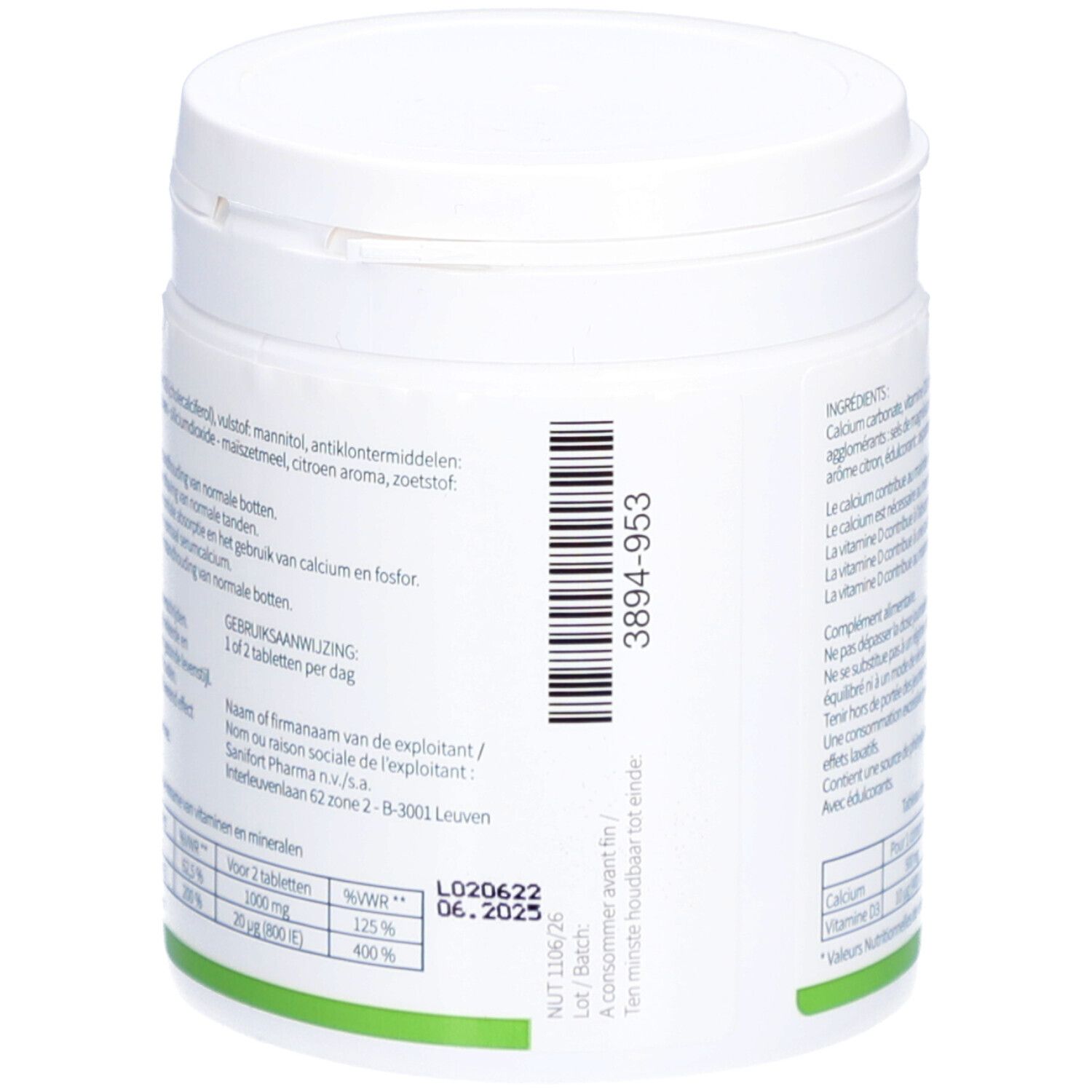 Dos du pot CALCIVID® blanc. Code-barres et informations de péremption.