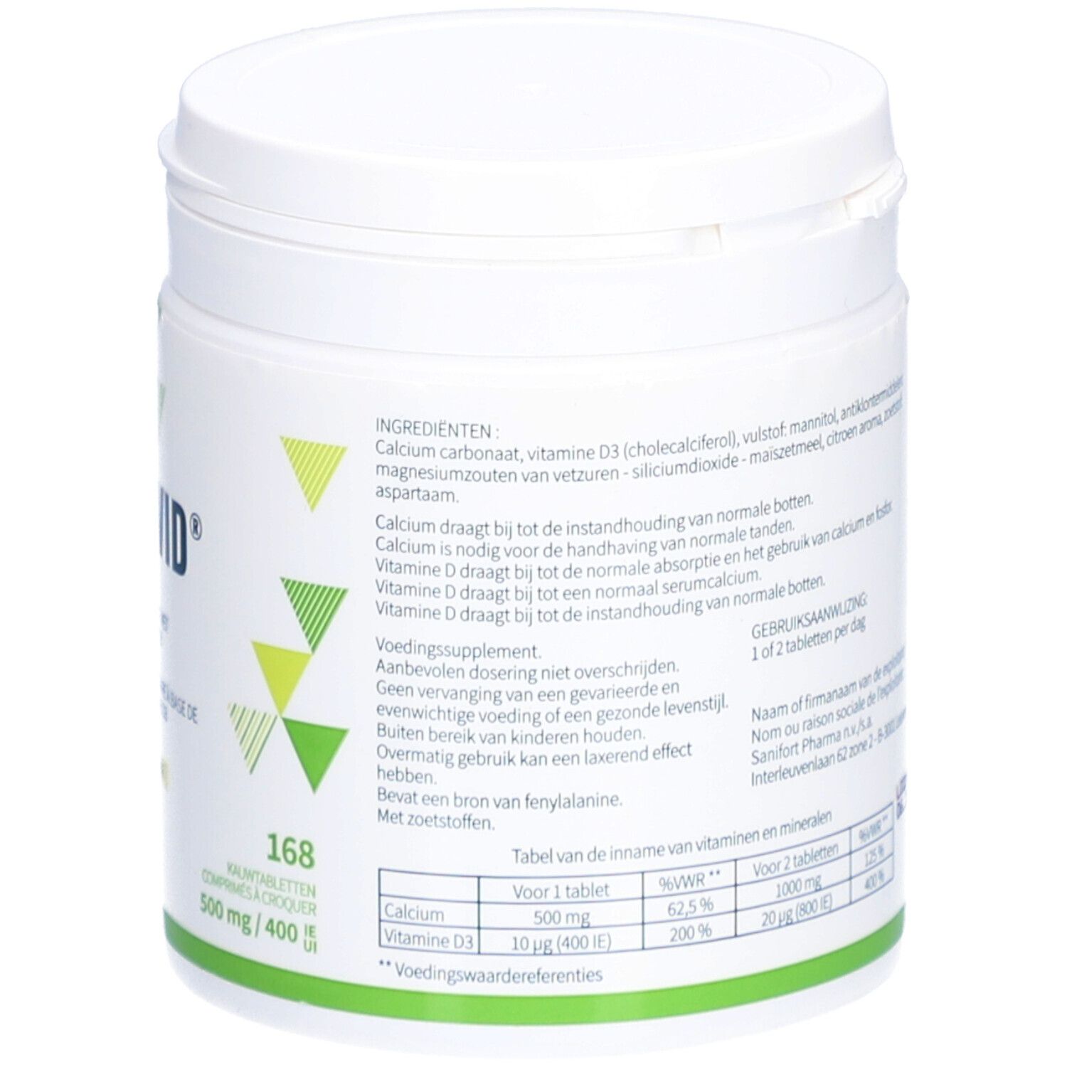 Dos du pot CALCIVID® blanc. Contient ingrédients, informations nutritionnelles et mode d'emploi.