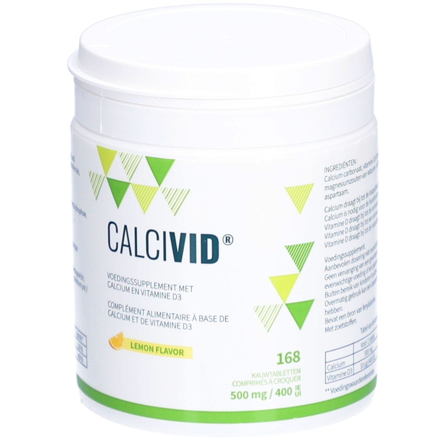 Pot CALCIVID® blanc, accents verts. Contient 168 comprimés, 500 mg/400 UI. Goût citron.